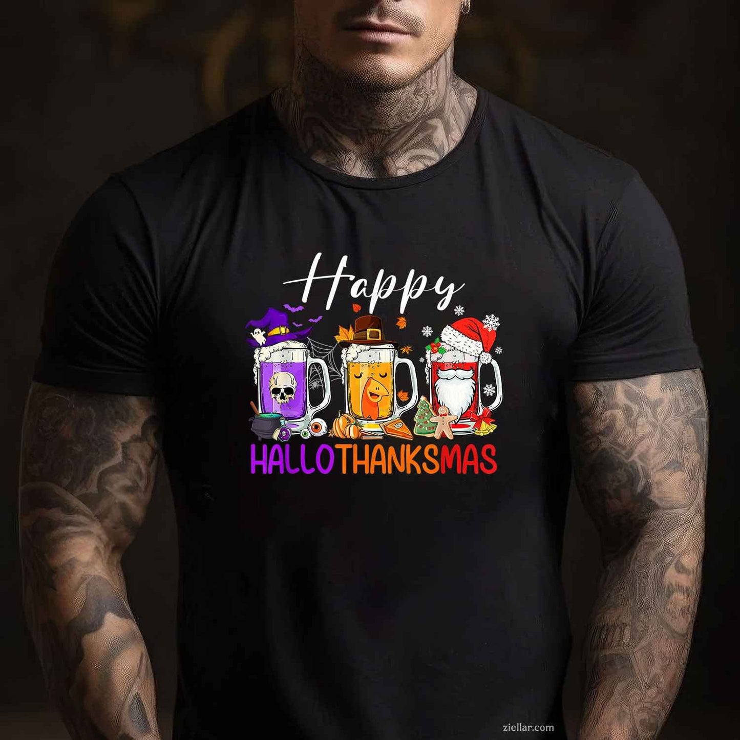 Happy Hallothanksmas Beer Halloween Thanksgiving Christmas Tee, Halloween T-Shirt for Men Women Adults Unisex, Classic Fit Unisex Design, Everyday Wear Essential