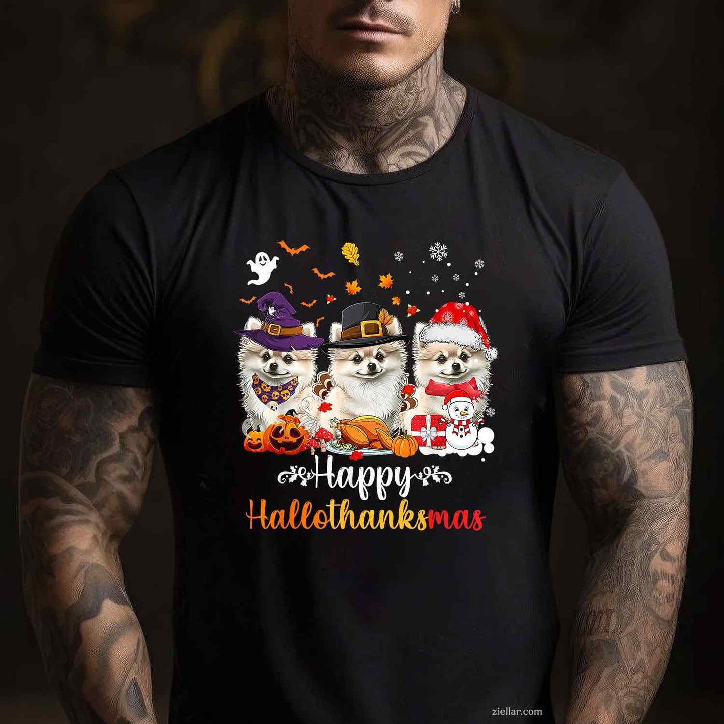 Happy Hallothanksmas Pomeranian Dog Halloween Christmas Men Women Kids Funny Graphic Tee and T-Shirt Gift for Adults Men Women Unisex