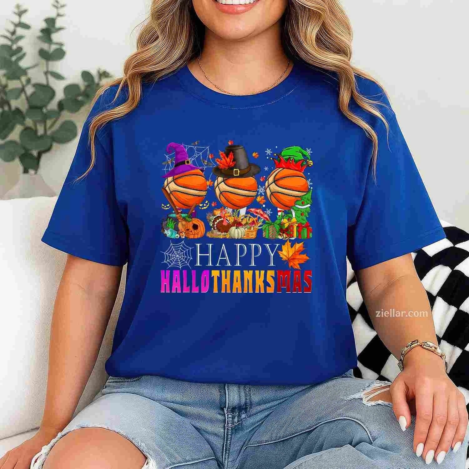 Happy Hallothanksmas Basketball Halloween Thanksgiving Xmas Funny Graphic Tee and T-Shirt Gift for Adults Men Women Unisex
