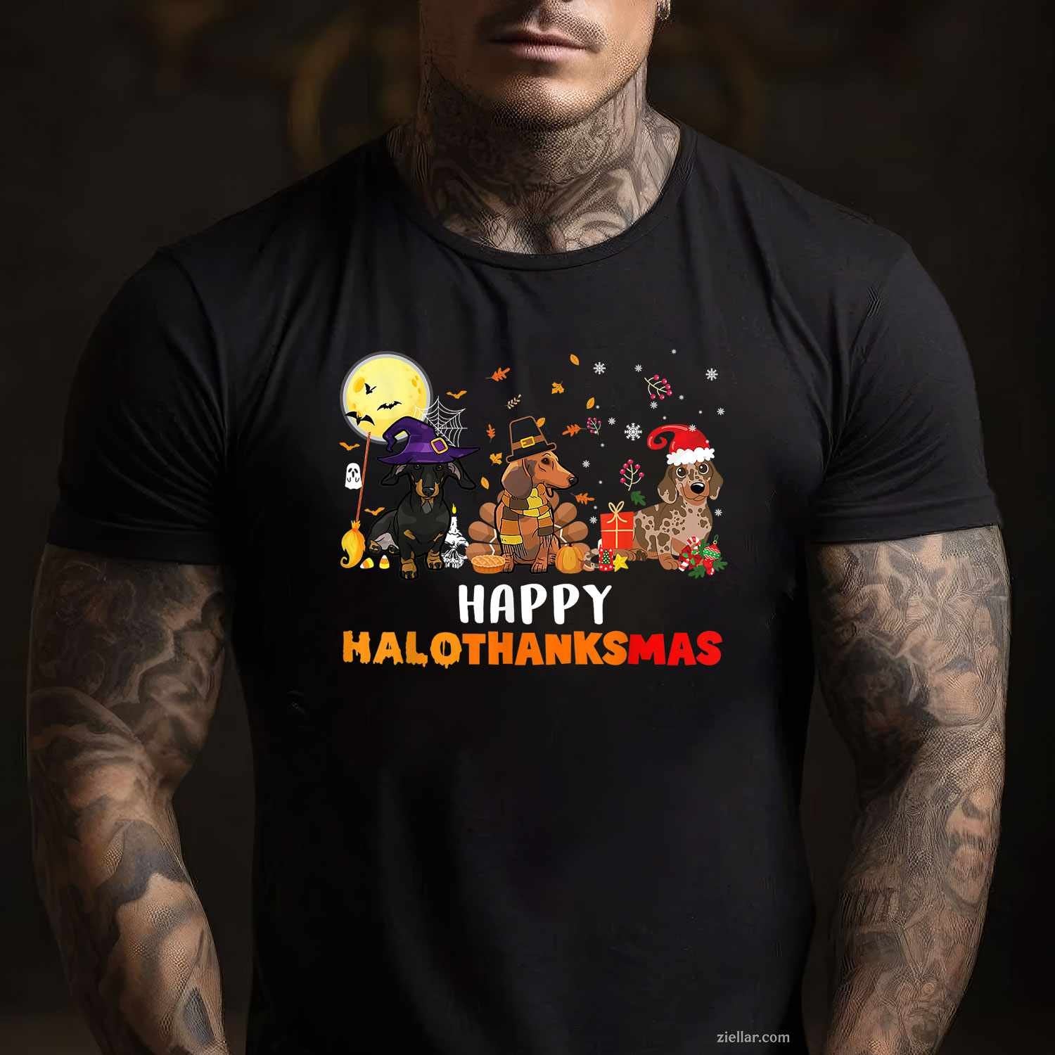 Happy Hallothanksmas Dachshund Dog Lover Halloween Christmas Funny Graphic Tee and T-Shirt Gift for Adults Men Women Unisex