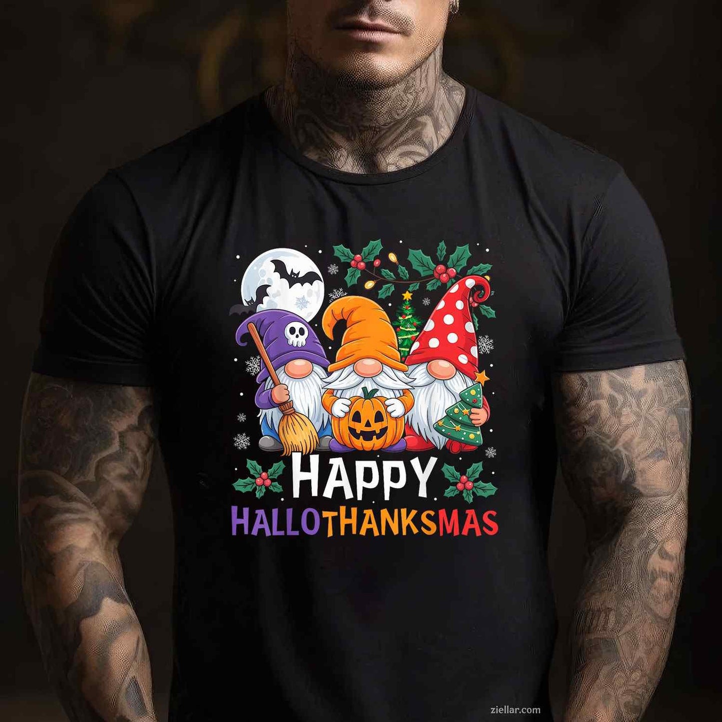 Happy HalloThanksMas Gnomes Halloween Thanksgiving Christmas Funny Graphic Tee and T-Shirt Gift for Adults Men Women Unisex