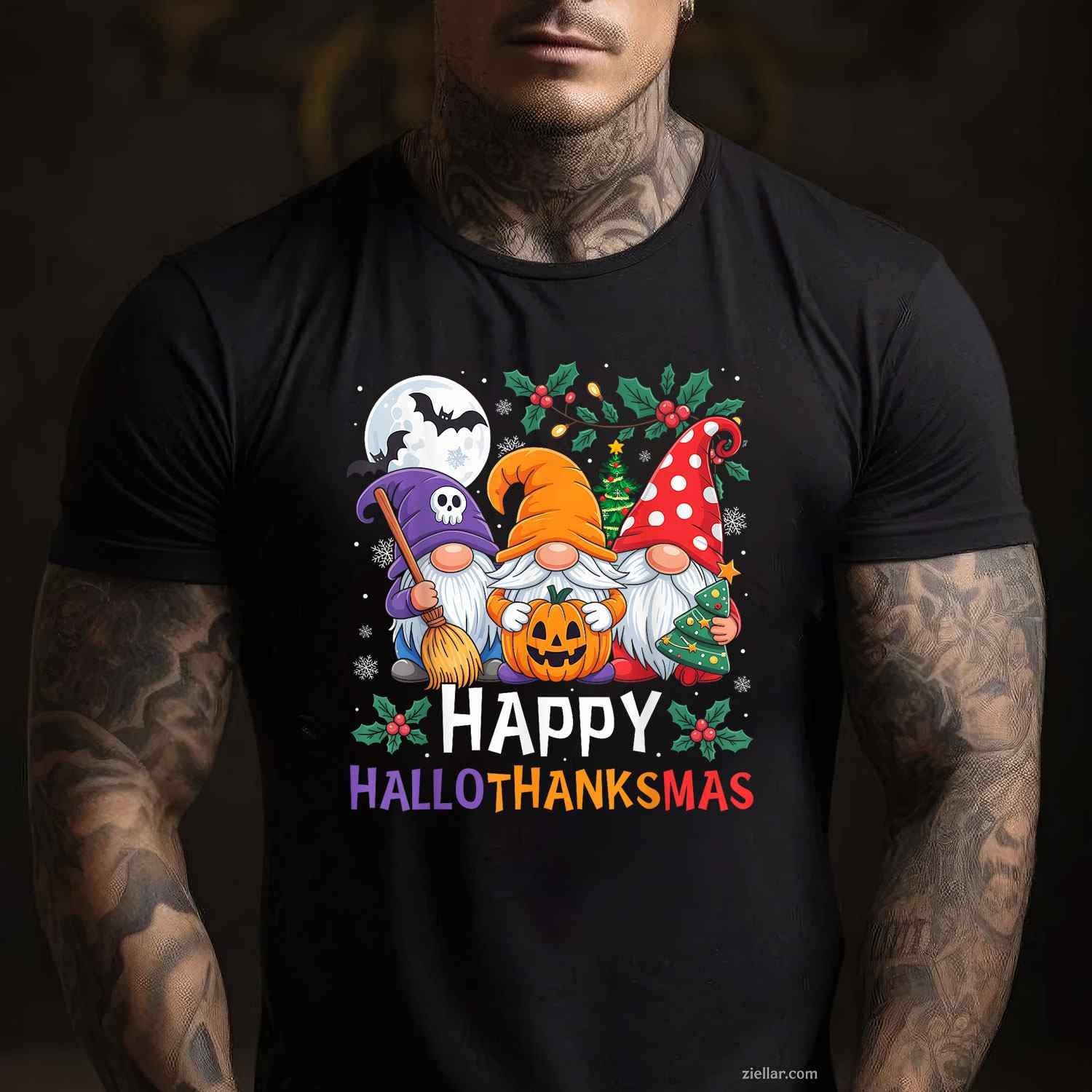 Happy HalloThanksMas Gnomes Halloween Thanksgiving Christmas Funny Graphic Tee and T-Shirt Gift for Adults Men Women Unisex