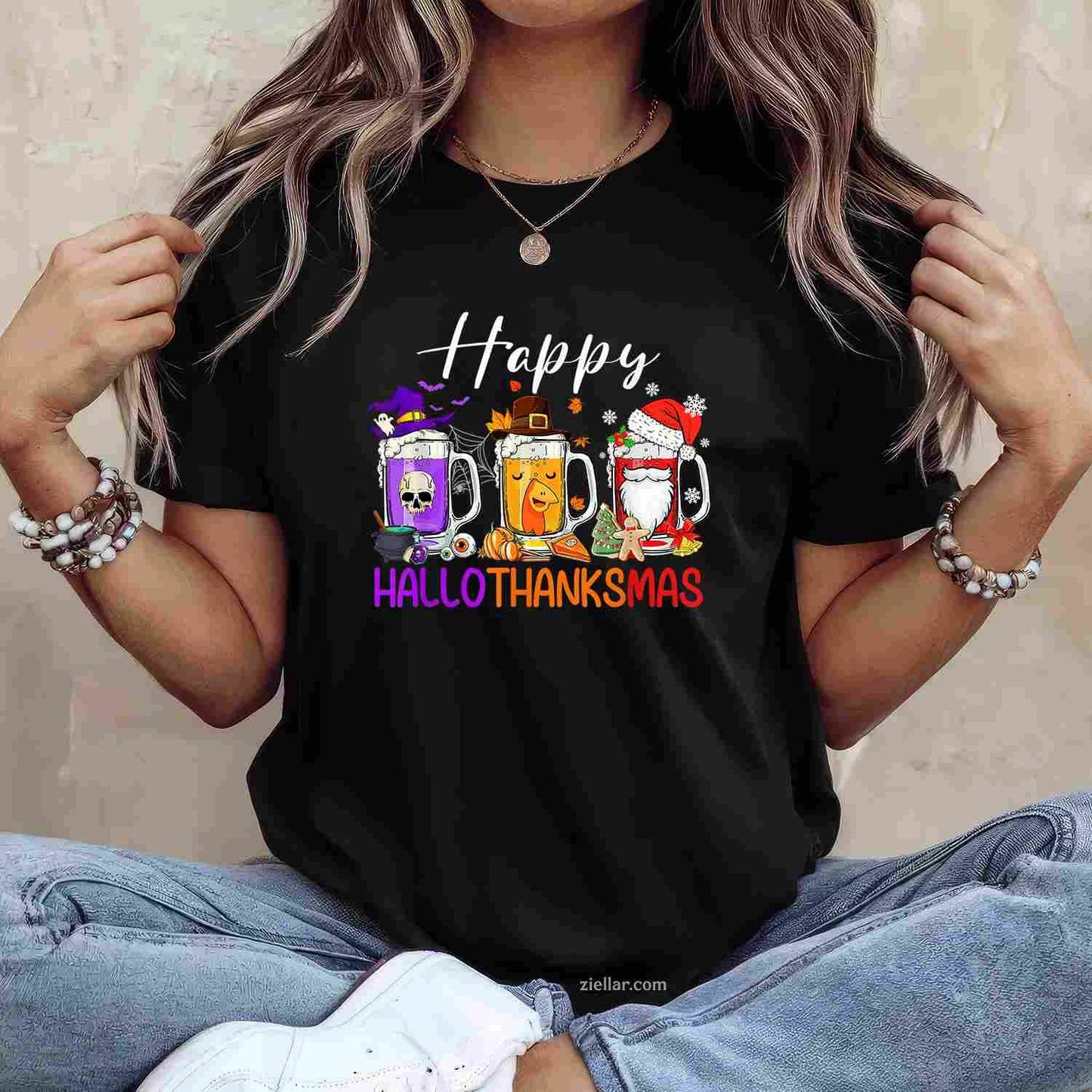 Happy Hallothanksmas Beer Halloween Thanksgiving Christmas Tee, Halloween T-Shirt for Men Women Adults Unisex, Classic Fit Unisex Design, Everyday Wear Essential