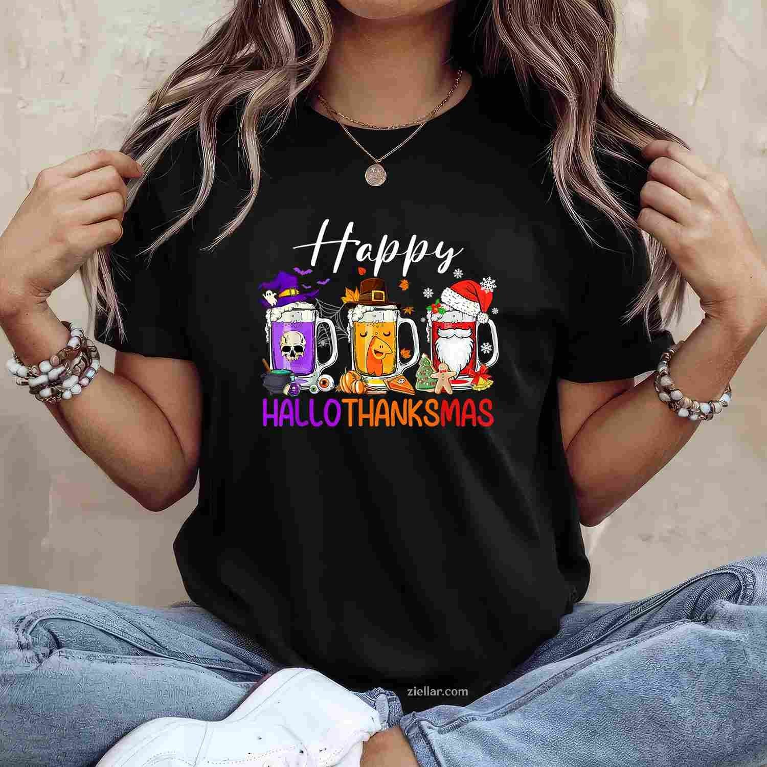 Happy Hallothanksmas Beer Halloween Thanksgiving Christmas Tee, Halloween T-Shirt for Men Women Adults Unisex, Classic Fit Unisex Design, Everyday Wear Essential