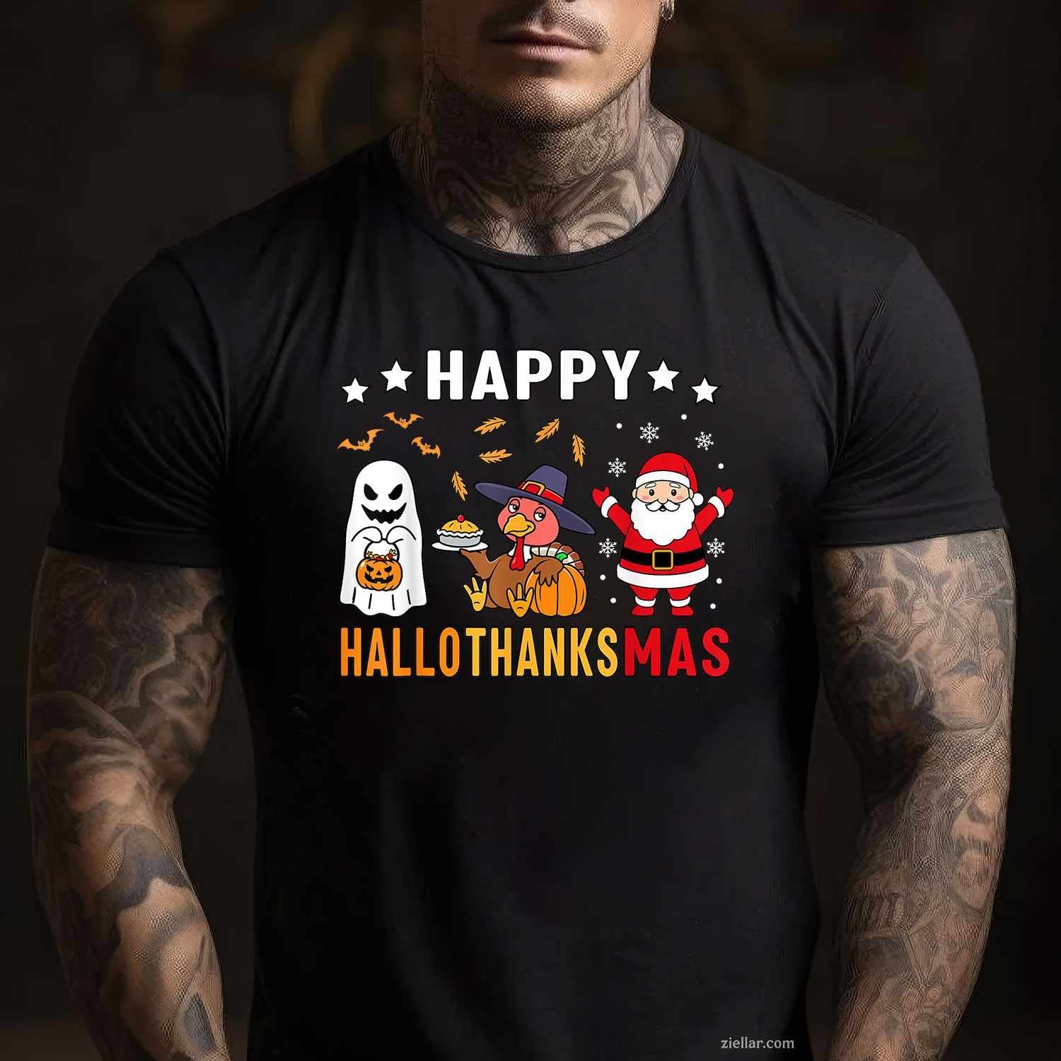 Happy Hallothanksmas Ghost Turkey Pumpkin Christmas Santa Funny Graphic Tee and T-Shirt Gift for Adults Men Women Unisex