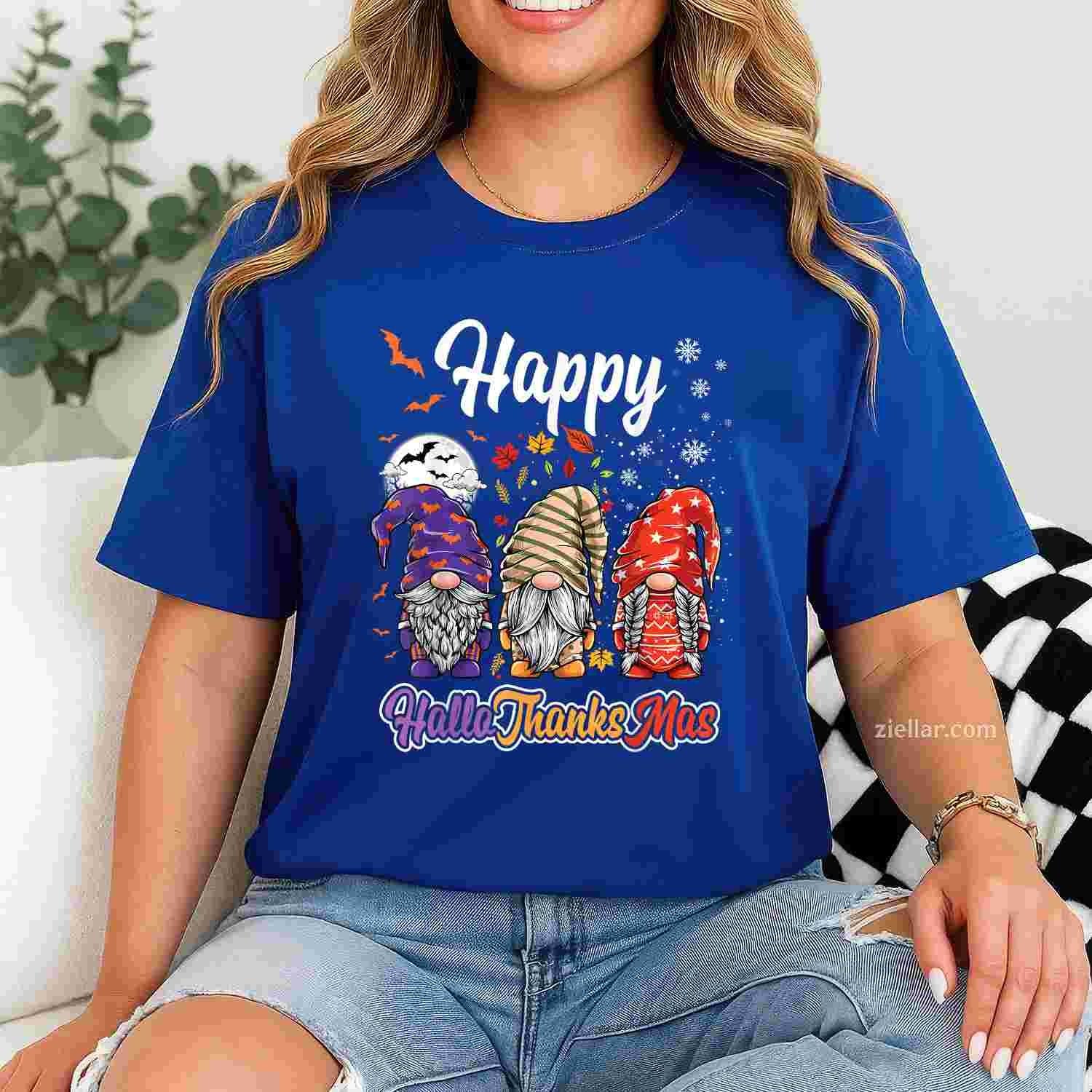 Happy Hallothanksmas Gnomes Halloween Thanksgiving Christmas Funny Graphic Tee and T-Shirt Gift for Adults Men Women Unisex Limited Edition