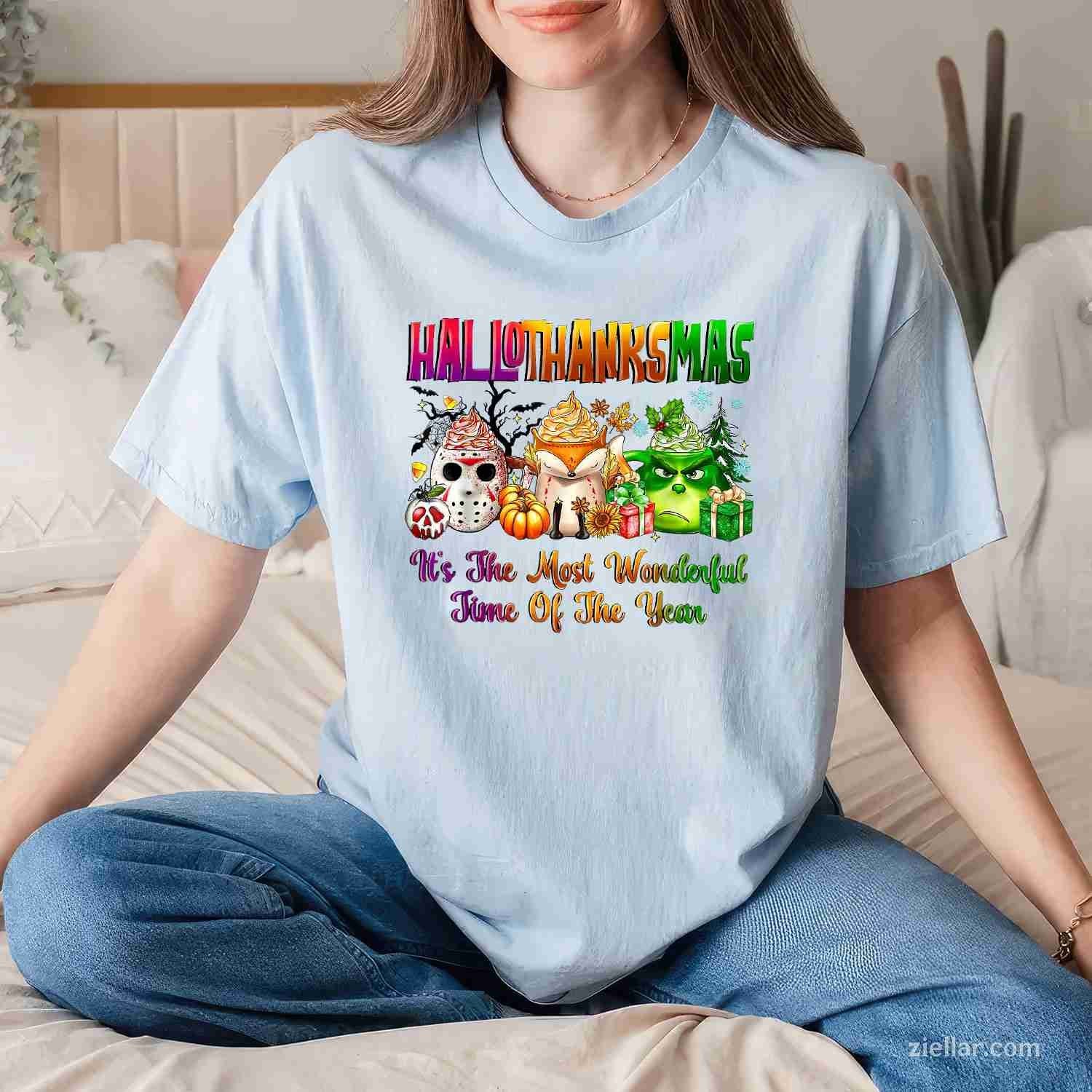 Happy Hallothanksmas Most Wonderful Time Fall Halloween Xmas Funny Graphic Tee and T-Shirt Gift for Adults Men Women Unisex