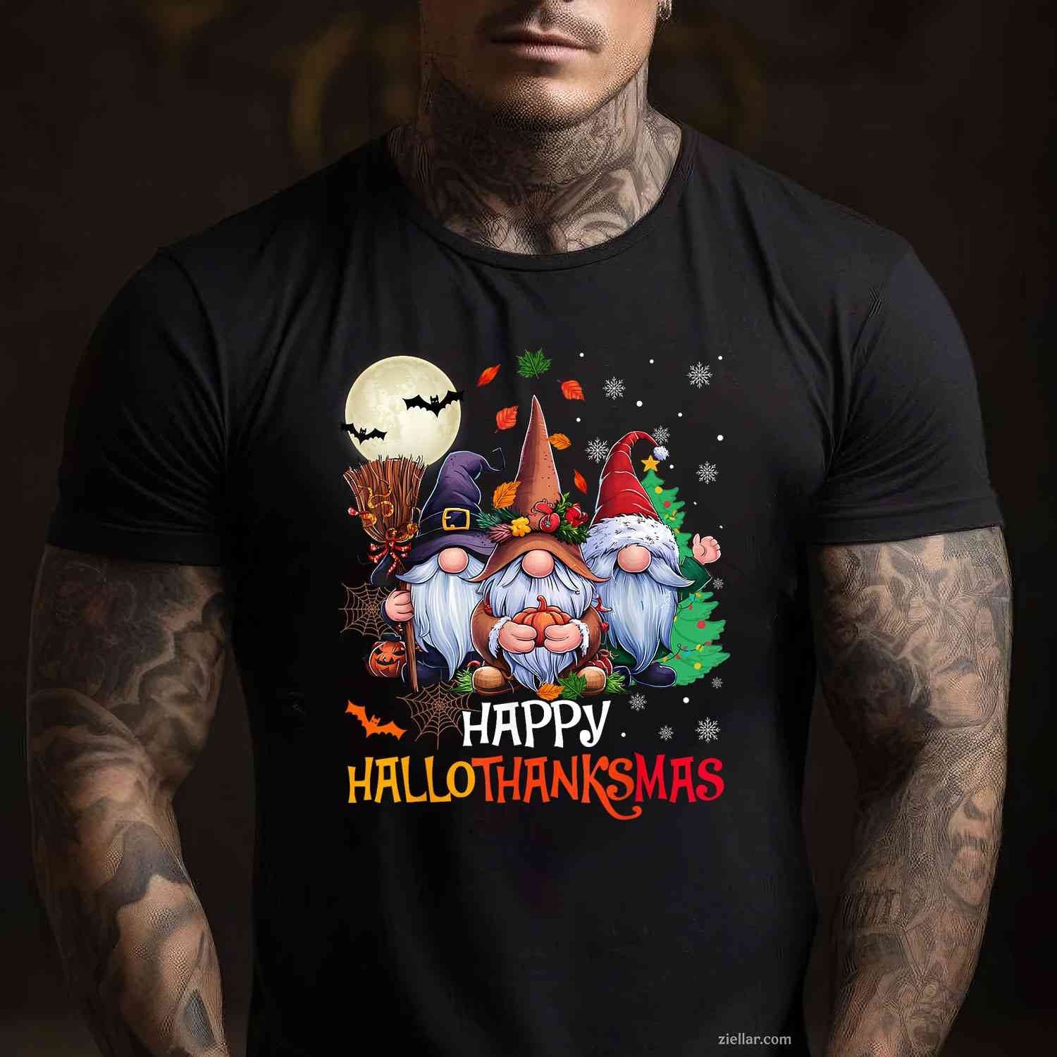 Happy Hallothanksmas Gnomes Lover Halloween Merry Christmas Tee, Halloween T-Shirt for Men Women Adults Unisex, Cool Casual Street Style, Premium Quality