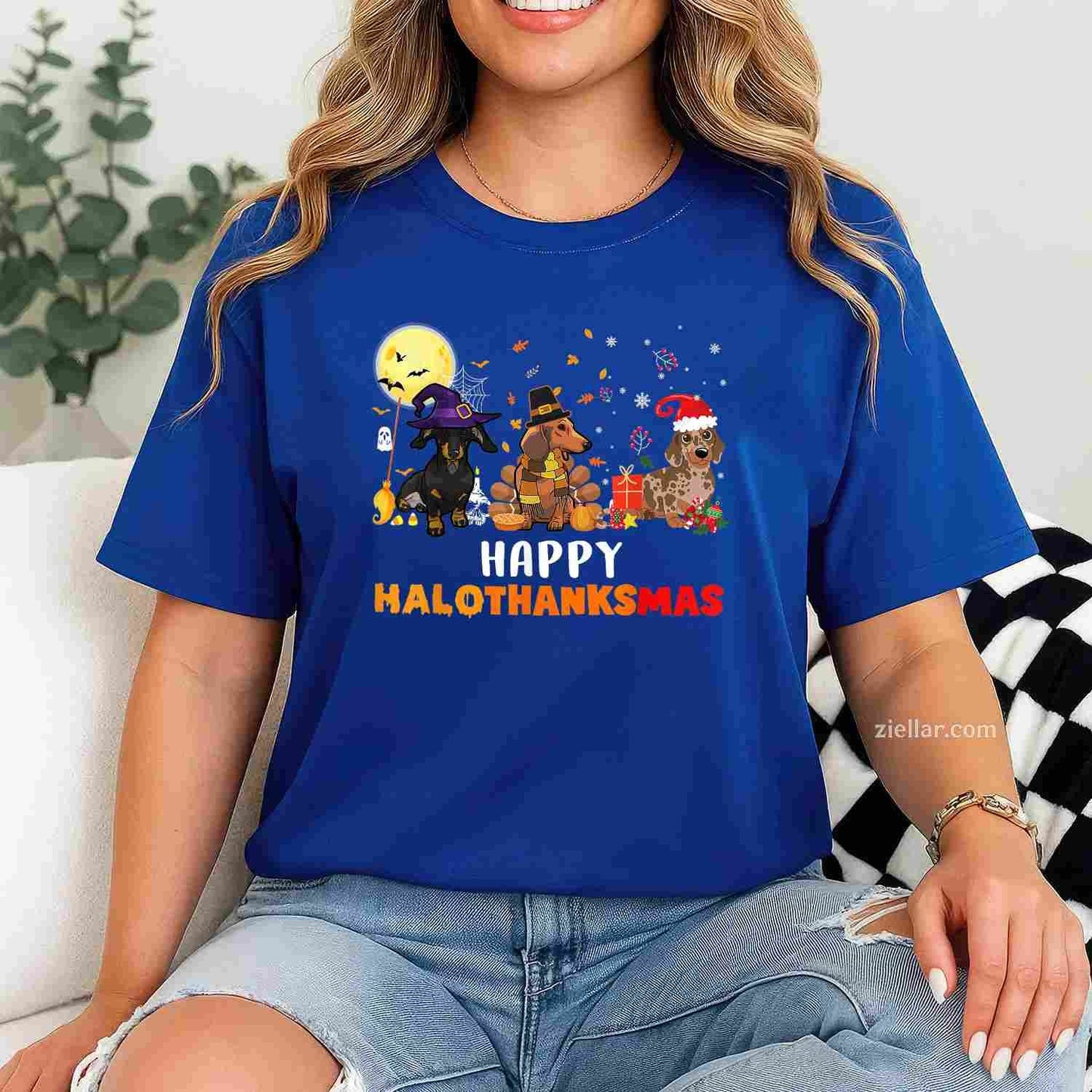 Happy Hallothanksmas Dachshund Dog Lover Halloween Christmas Funny Graphic Tee and T-Shirt Gift for Adults Men Women Unisex