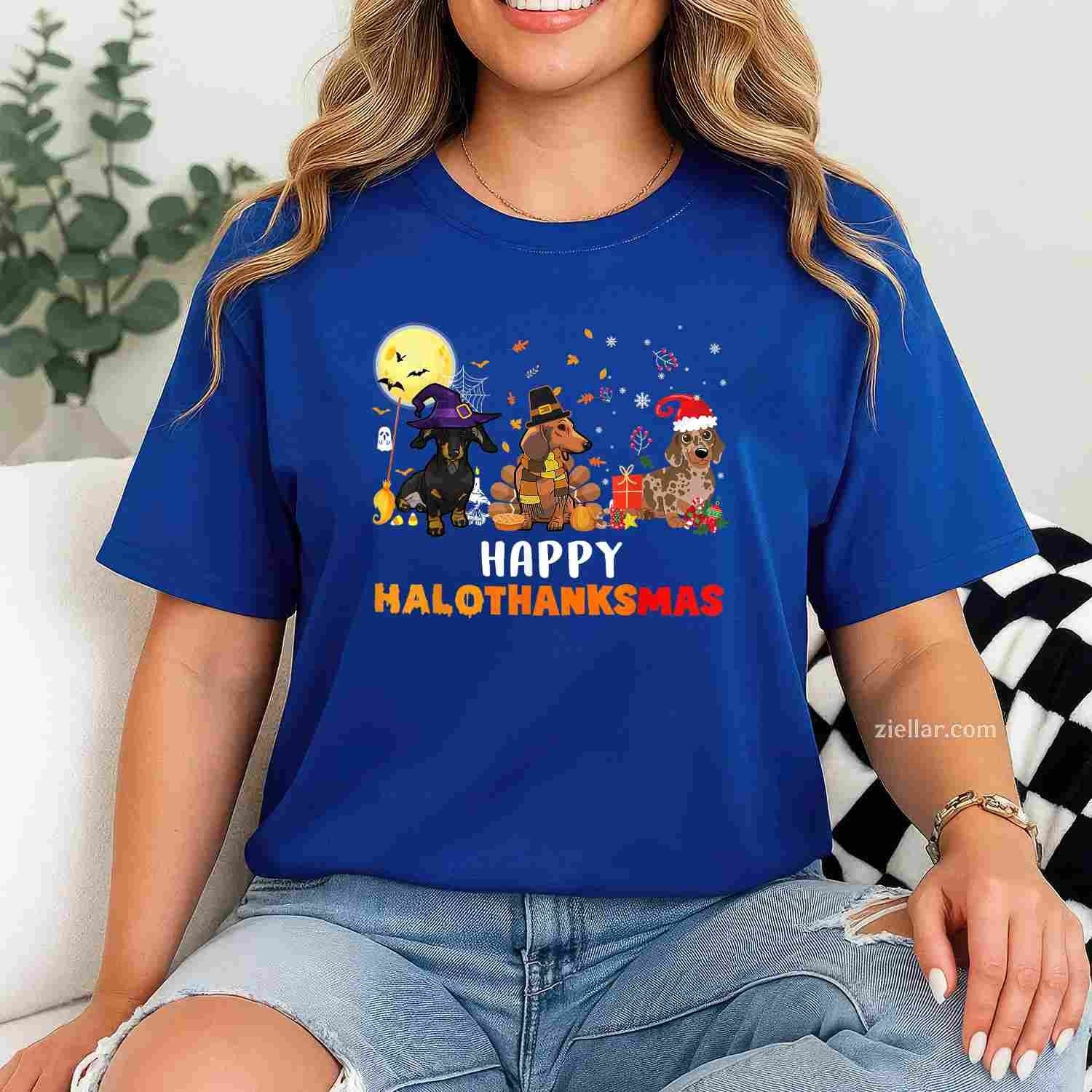 Happy Hallothanksmas Dachshund Dog Lover Halloween Christmas Funny Graphic Tee and T-Shirt Gift for Adults Men Women Unisex