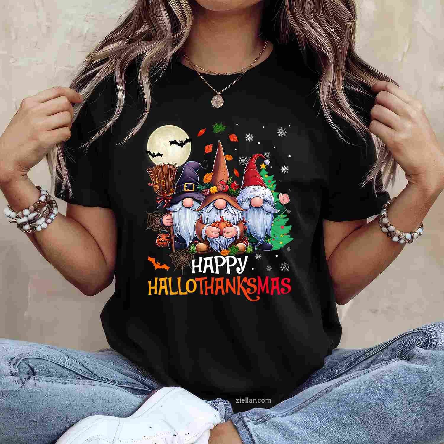 Happy Hallothanksmas Gnomes Lover Halloween Merry Christmas Tee, Halloween T-Shirt for Men Women Adults Unisex, Cool Casual Street Style, Premium Quality
