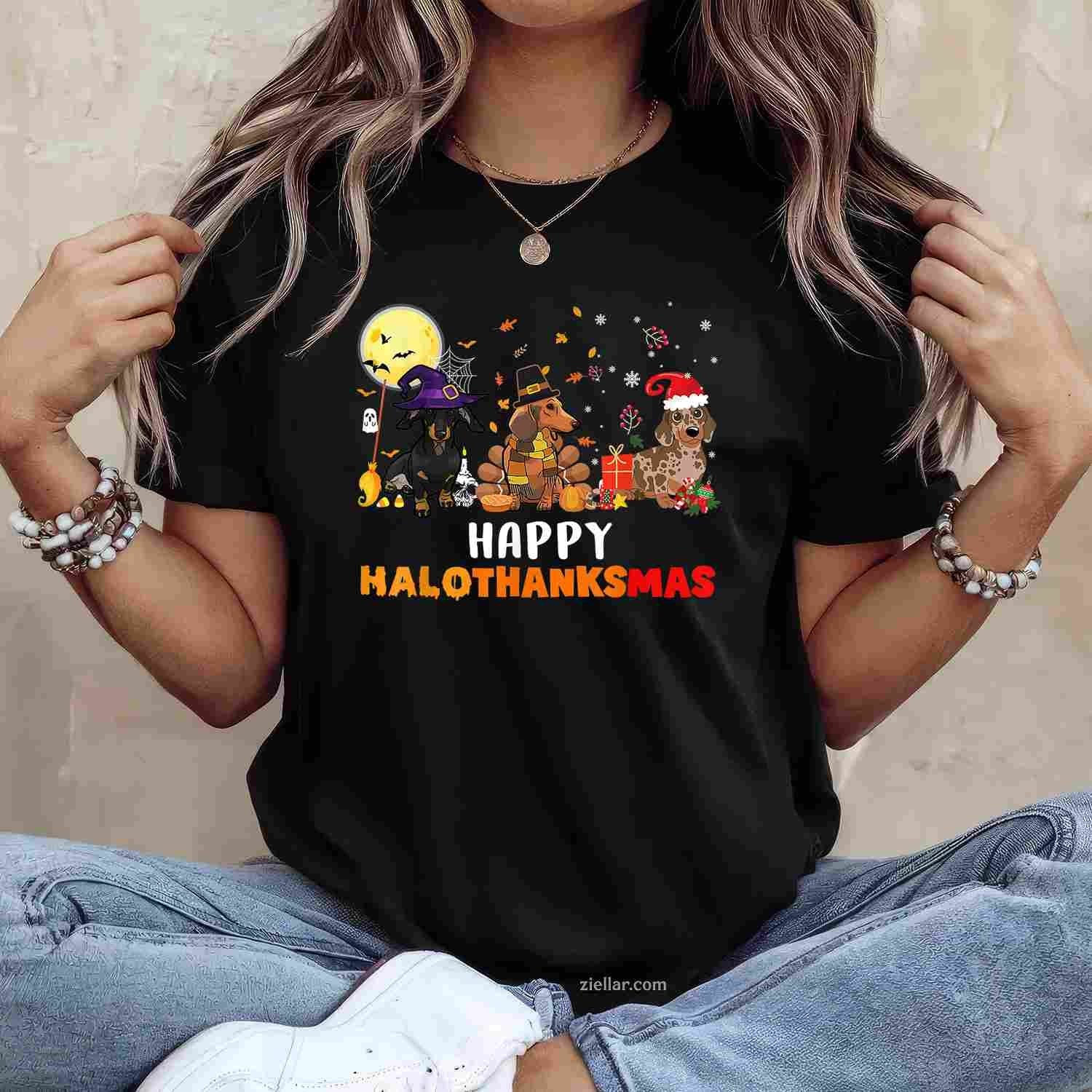 Happy Hallothanksmas Dachshund Dog Lover Halloween Christmas Funny Graphic Tee and T-Shirt Gift for Adults Men Women Unisex