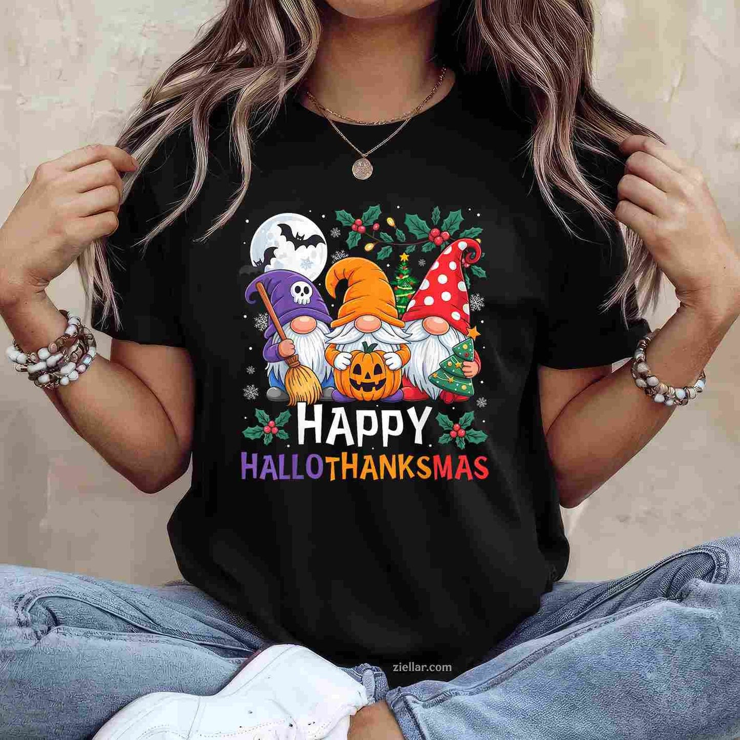 Happy HalloThanksMas Gnomes Halloween Thanksgiving Christmas Funny Graphic Tee and T-Shirt Gift for Adults Men Women Unisex