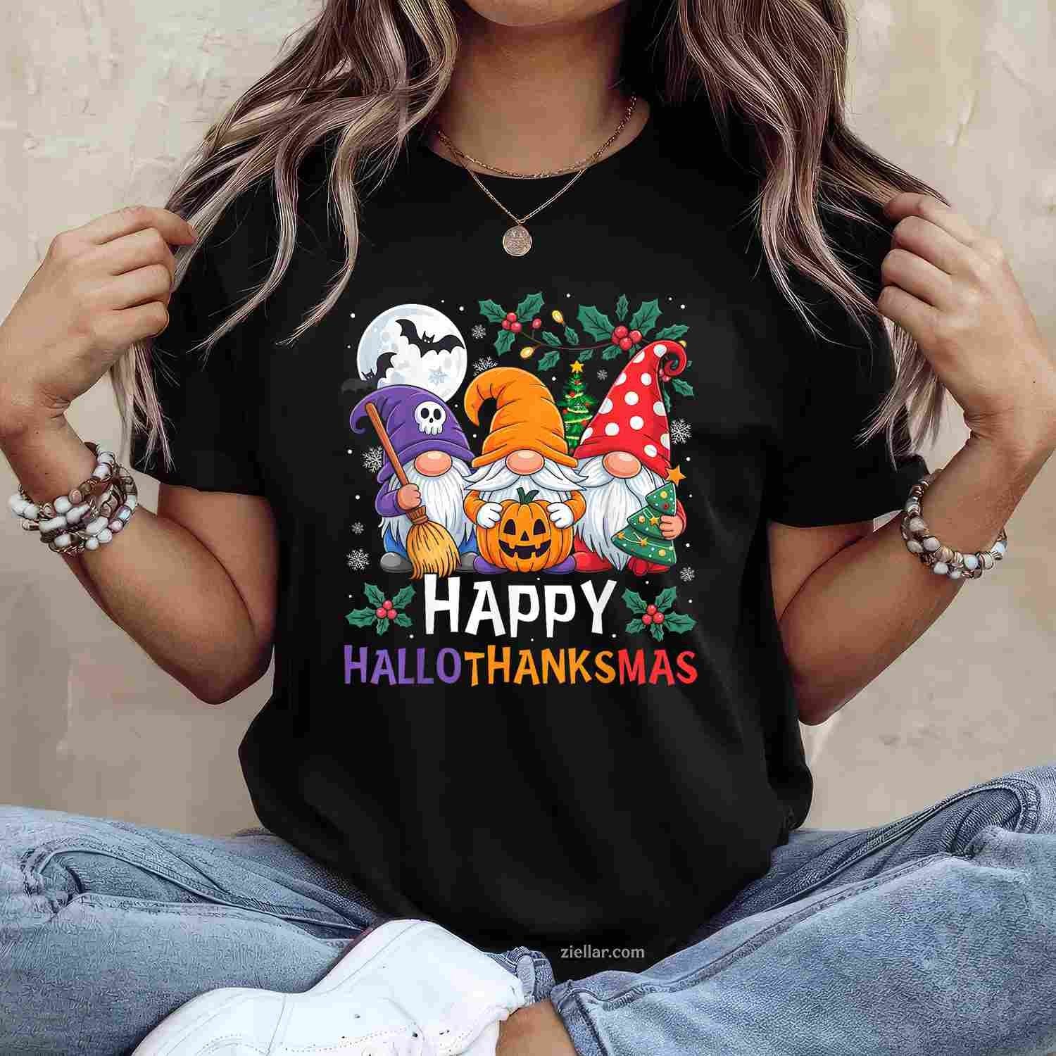 Happy HalloThanksMas Gnomes Halloween Thanksgiving Christmas Funny Graphic Tee and T-Shirt Gift for Adults Men Women Unisex