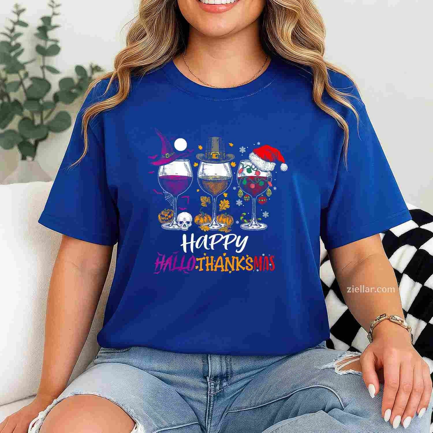 Happy Hallothanksmas Halloween Wine Thanksgiving Christmas Funny Graphic Tee and T-Shirt Gift for Adults Men Women Unisex