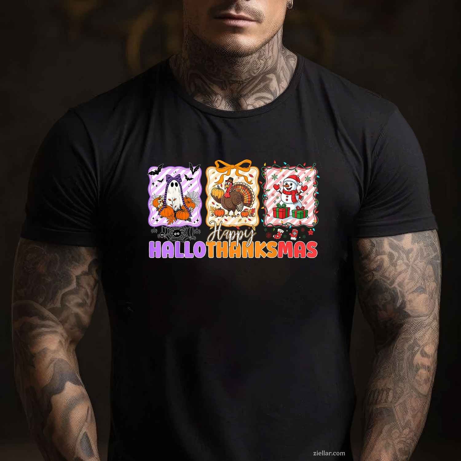 Happy Hallothanksmas Halloween Thanksgiving Christmas Women Funny Graphic Tee and T-Shirt Gift for Adults Men Women Unisex