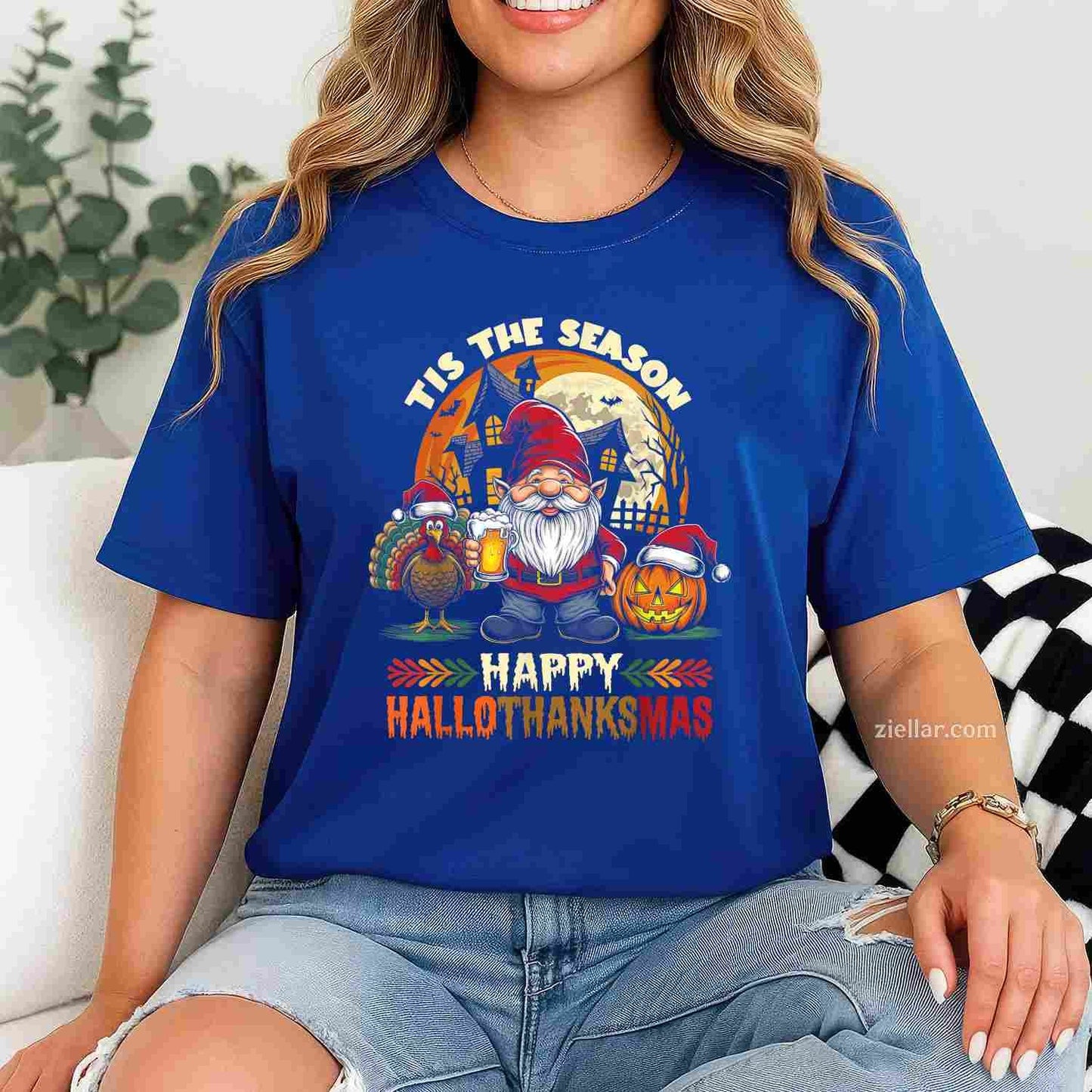 Happy Hallothanksmas Halloween Thanksgiving Merry Christmas Funny Graphic Tee and T-Shirt Gift for Adults Men Women Unisex Limited Edition