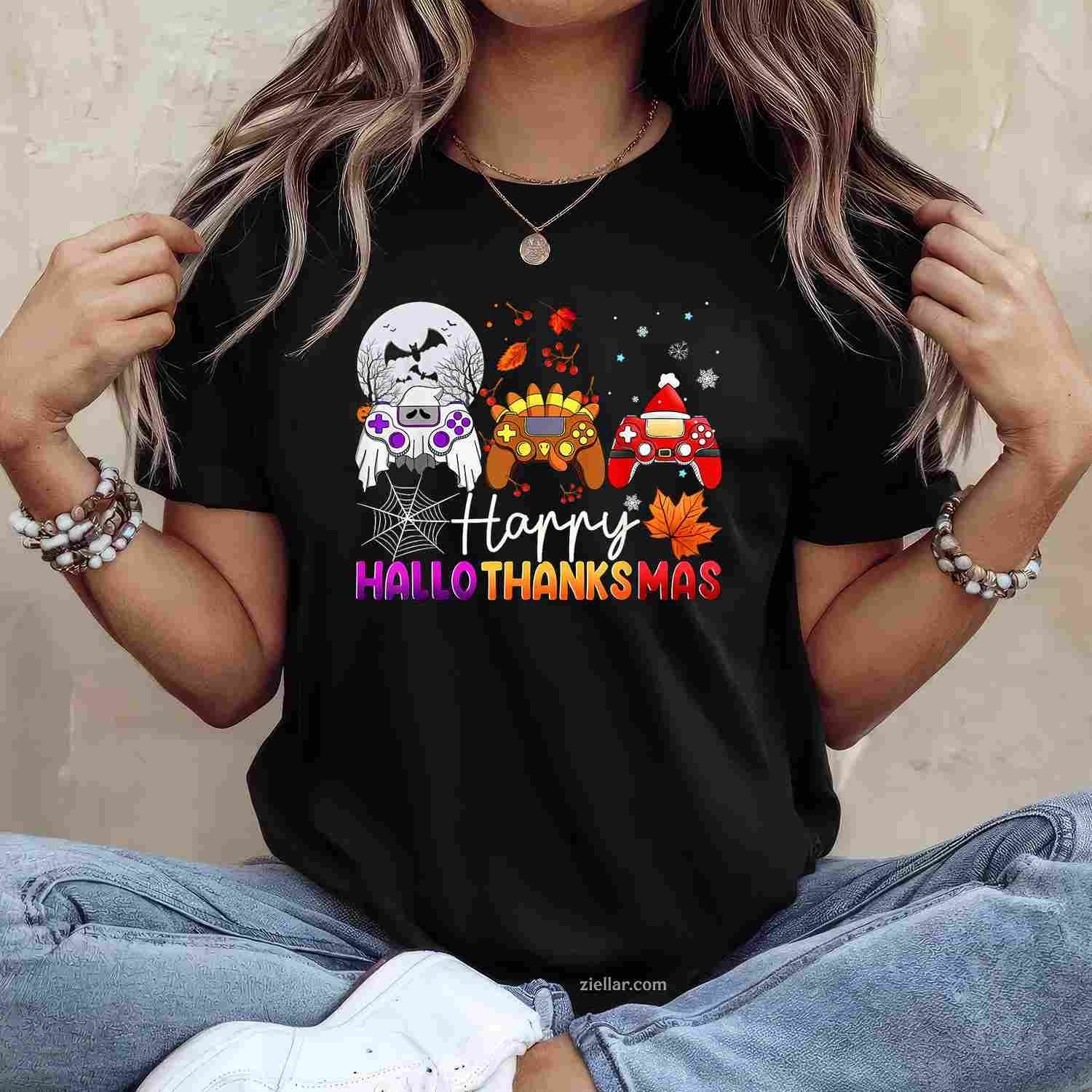 Happy Hallothanksmas Game Controller Gamer Hallothanksmas Funny Graphic Tee and T-Shirt Gift for Adults Men Women Unisex