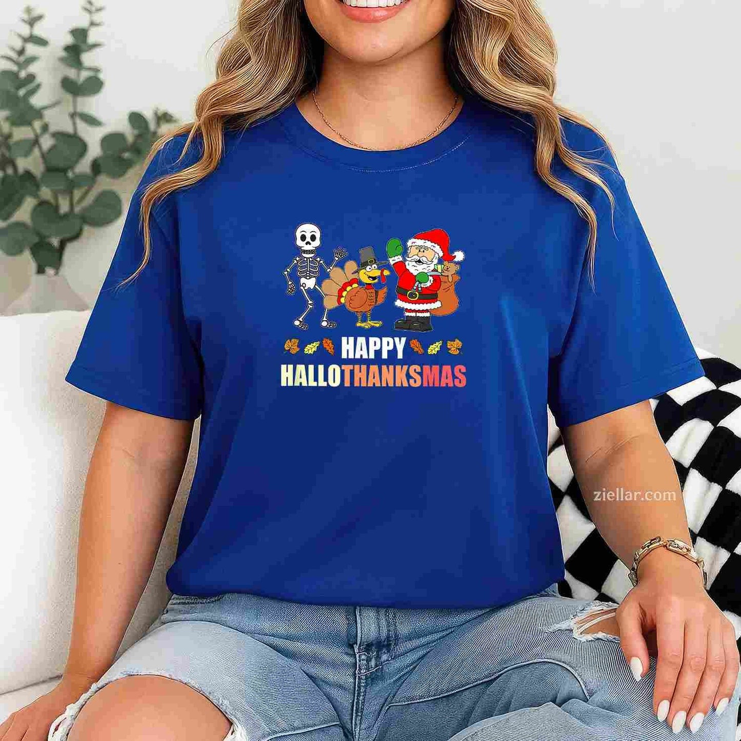 Happy HalloThanksMas Funny Three Holiday Funny Graphic Tee and T-Shirt Gift for Adults Men Women Unisex