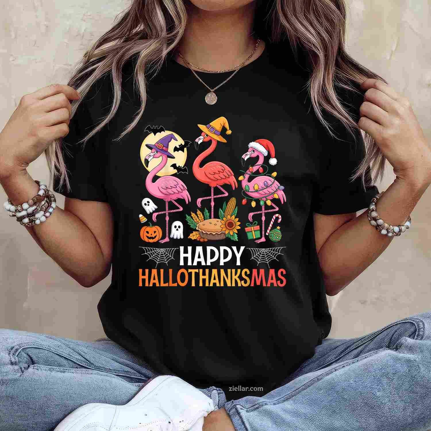 Happy Hallothanksmas Xmas Halloween Thanksgiving Flamingo Funny Graphic Tee and T-Shirt Gift for Adults Men Women Unisex