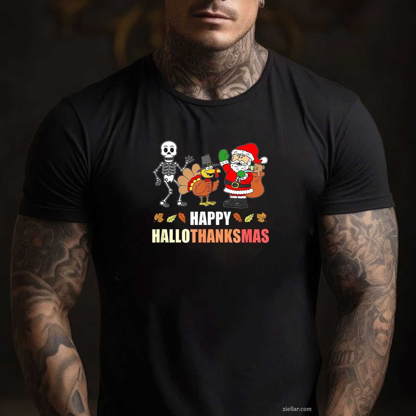 Happy HalloThanksMas Funny Three Holiday Funny Graphic Tee and T-Shirt Gift for Adults Men Women Unisex