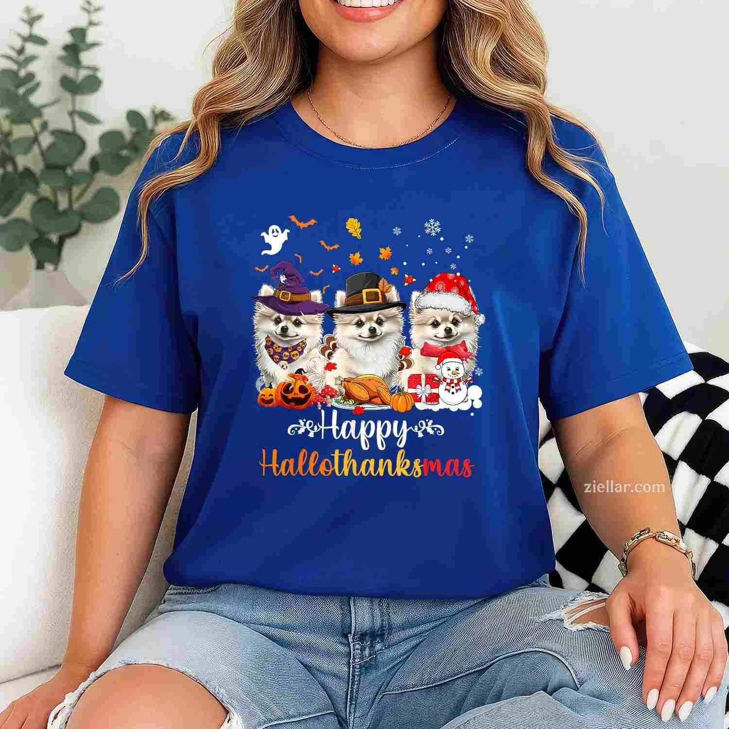 Happy Hallothanksmas Pomeranian Dog Halloween Christmas Men Women Kids Funny Graphic Tee and T-Shirt Gift for Adults Men Women Unisex