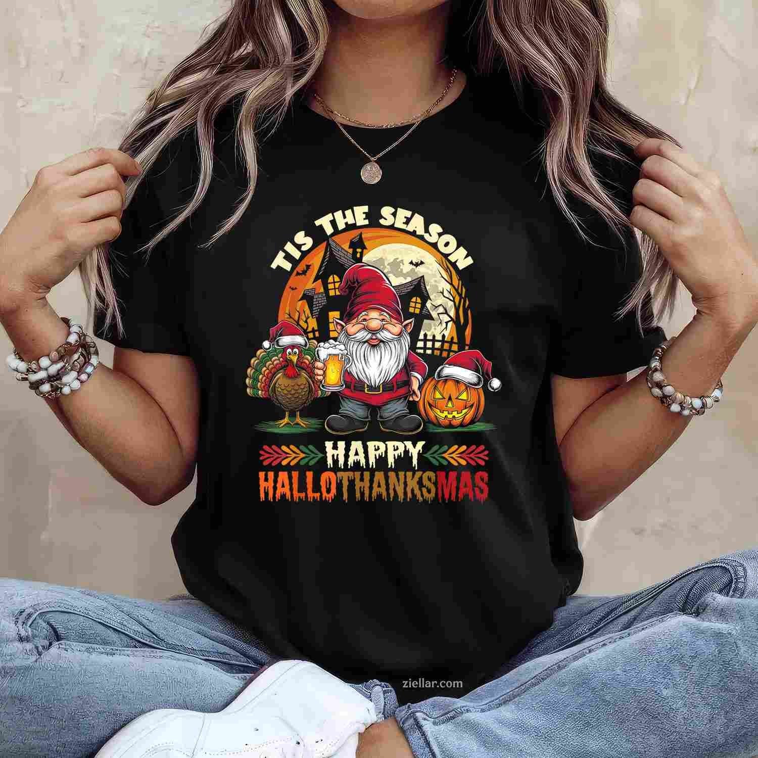 Happy Hallothanksmas Halloween Thanksgiving Merry Christmas Funny Graphic Tee and T-Shirt Gift for Adults Men Women Unisex Limited Edition