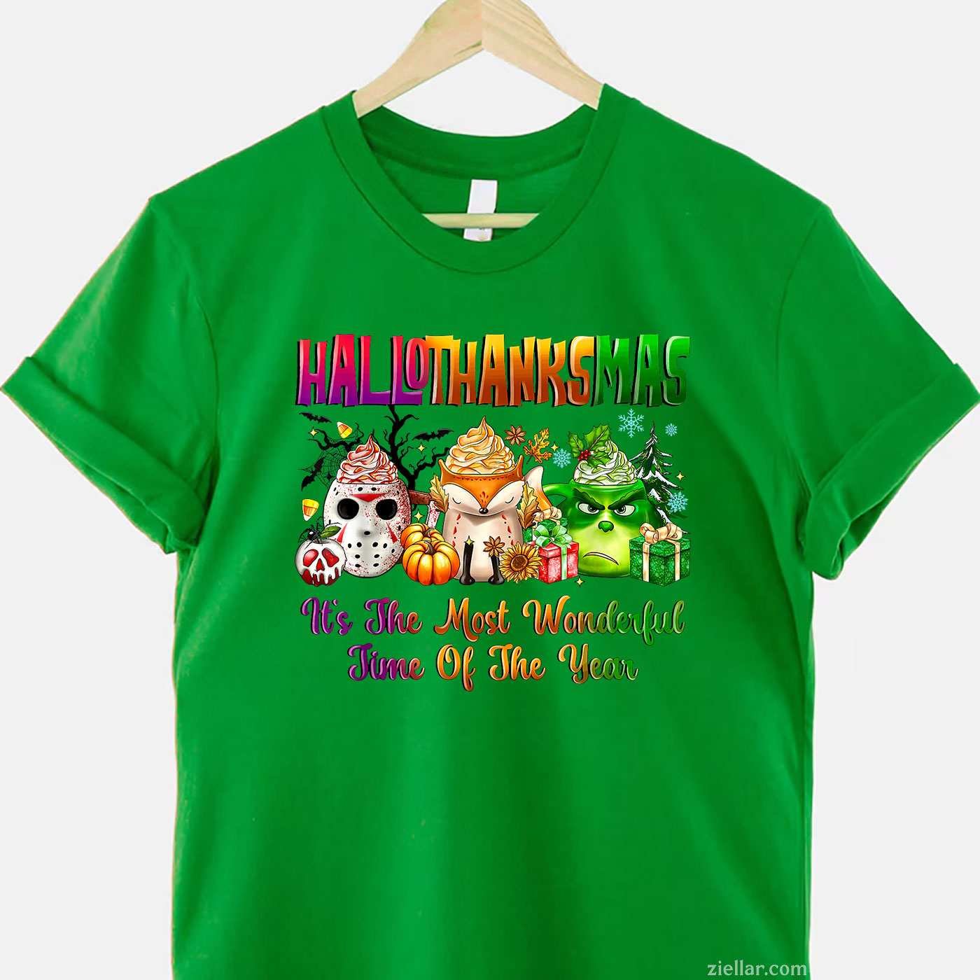 Happy Hallothanksmas Most Wonderful Time Fall Halloween Xmas Funny Graphic Tee and T-Shirt Gift for Adults Men Women Unisex