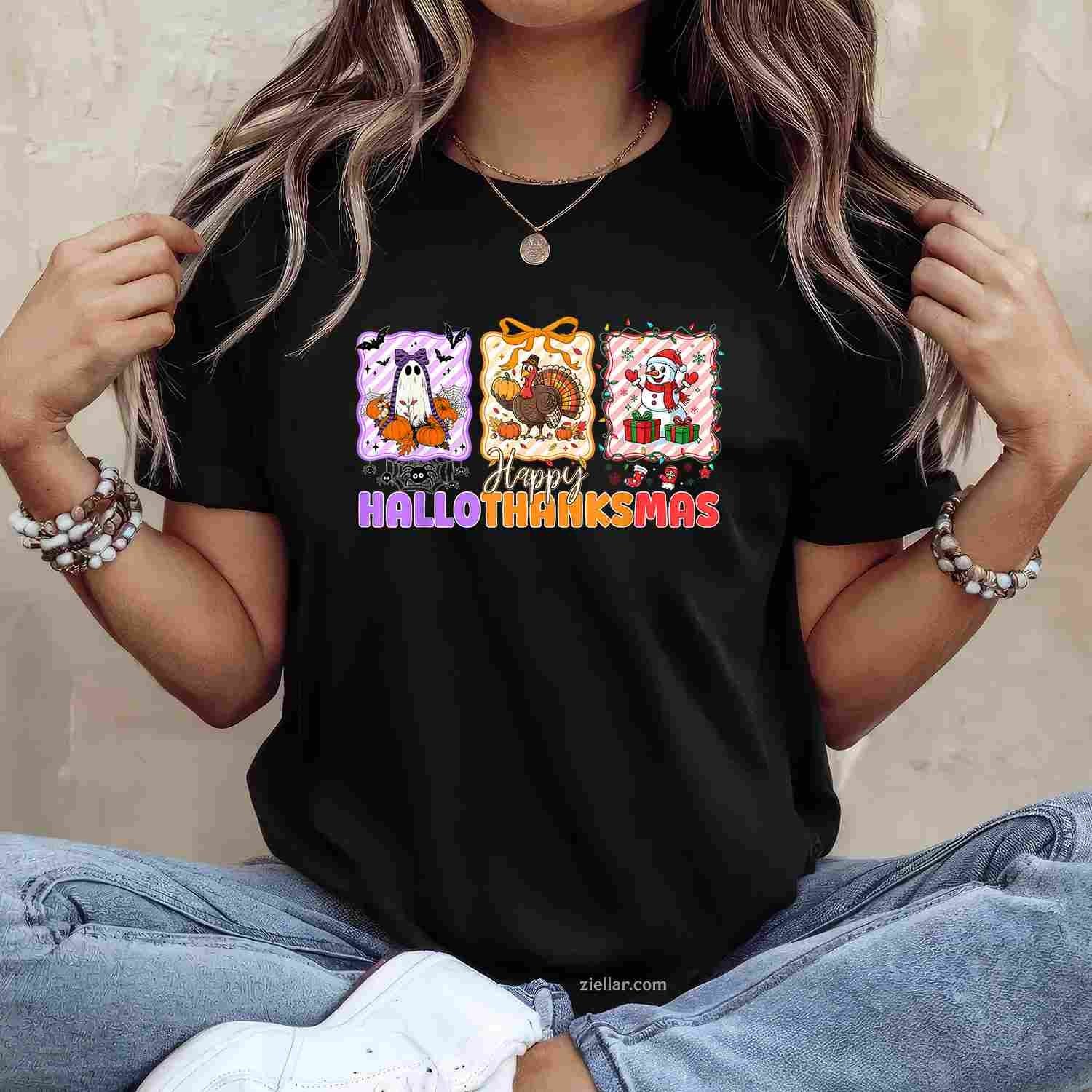 Happy Hallothanksmas Halloween Thanksgiving Christmas Women Funny Graphic Tee and T-Shirt Gift for Adults Men Women Unisex