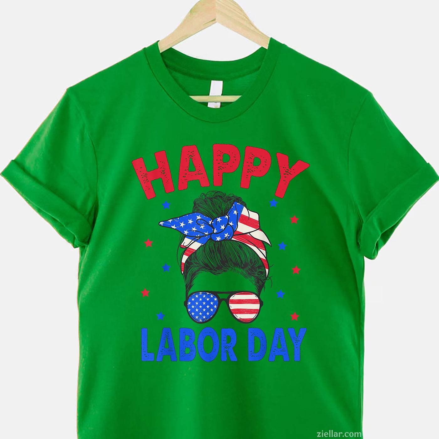 Happy Labor Day Shirt For Women Messy Bun Labor Day USA Flag T-Shirt Tee