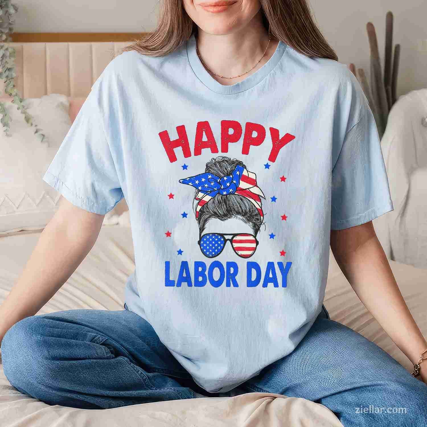 Happy Labor Day Shirt For Women Messy Bun Labor Day USA Flag T-Shirt Tee