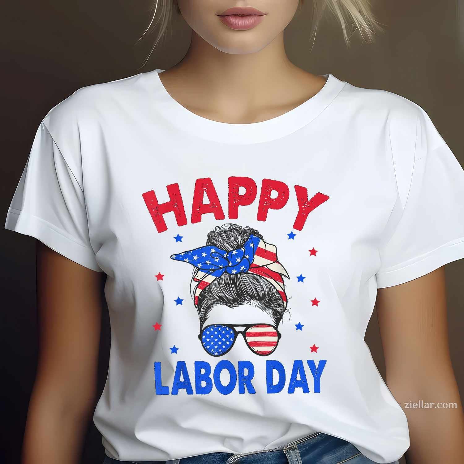 Happy Labor Day Shirt For Women Messy Bun Labor Day USA Flag T-Shirt Tee
