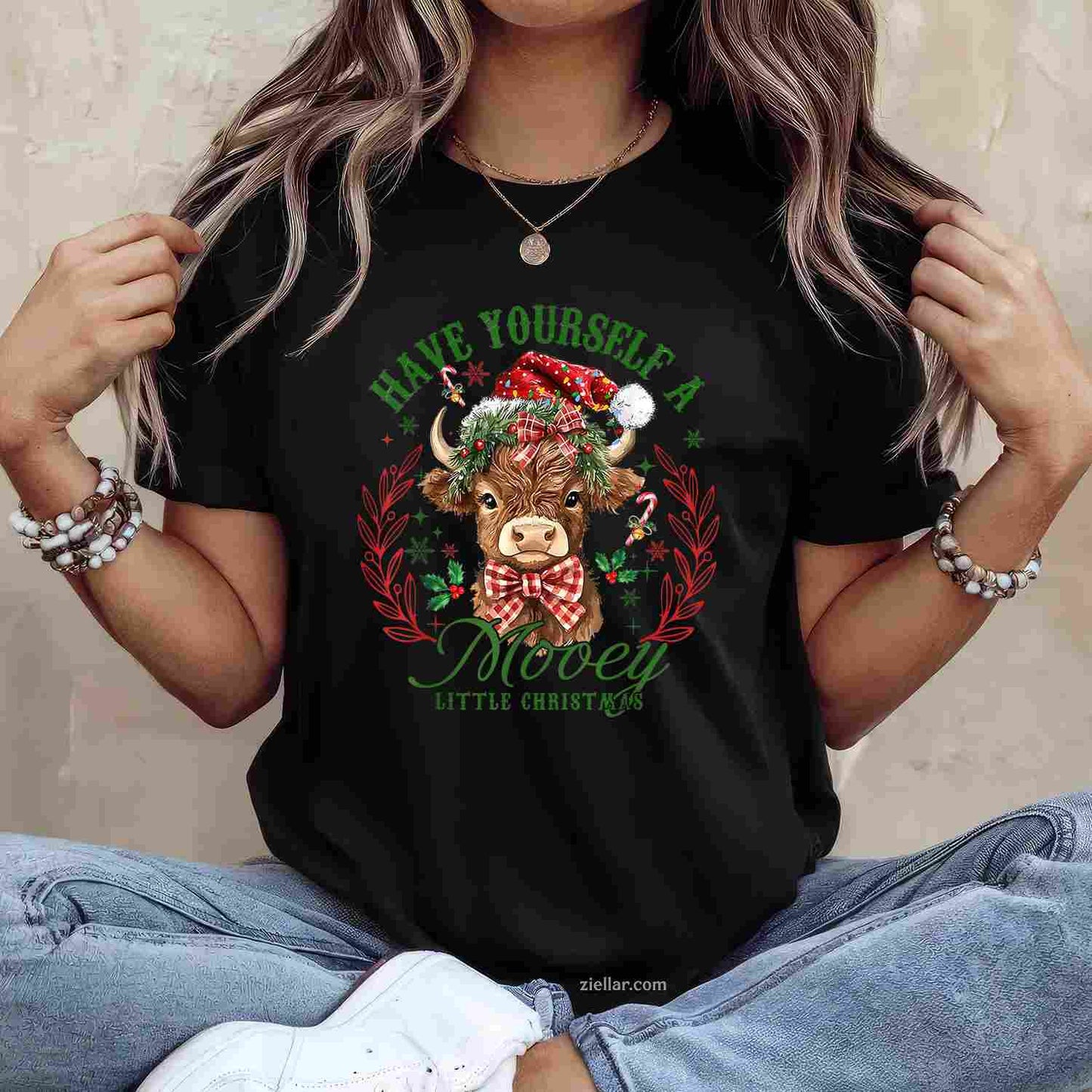 Have Yourself A Mooey Little Christmas Highland Cow Santa T-Shirt, A Funny Highland Cow Christmas Santa Tee