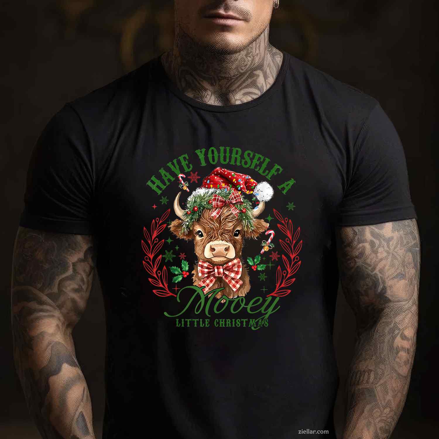 Have Yourself A Mooey Little Christmas Highland Cow Santa T-Shirt, A Funny Highland Cow Christmas Santa Tee