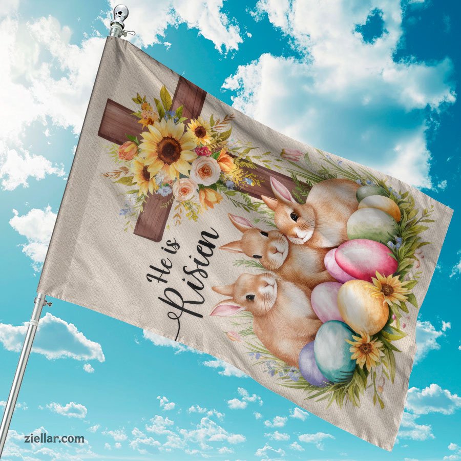 He Is Risen Easter Decor with Bunnies Cross Spring Christian Celebration Sign