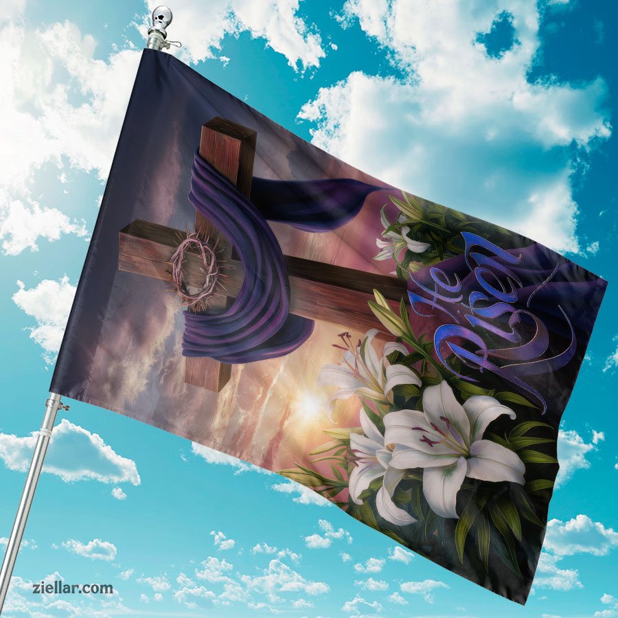 He is Risen Cross with Purple Cloth and Lilies Easter Christian Home Decor