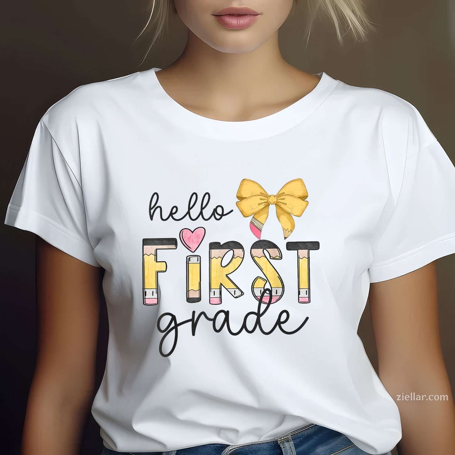 Hello First Grade Teacher Coquette Pencil Bow Back To School T-Shirt Tee for Men Women