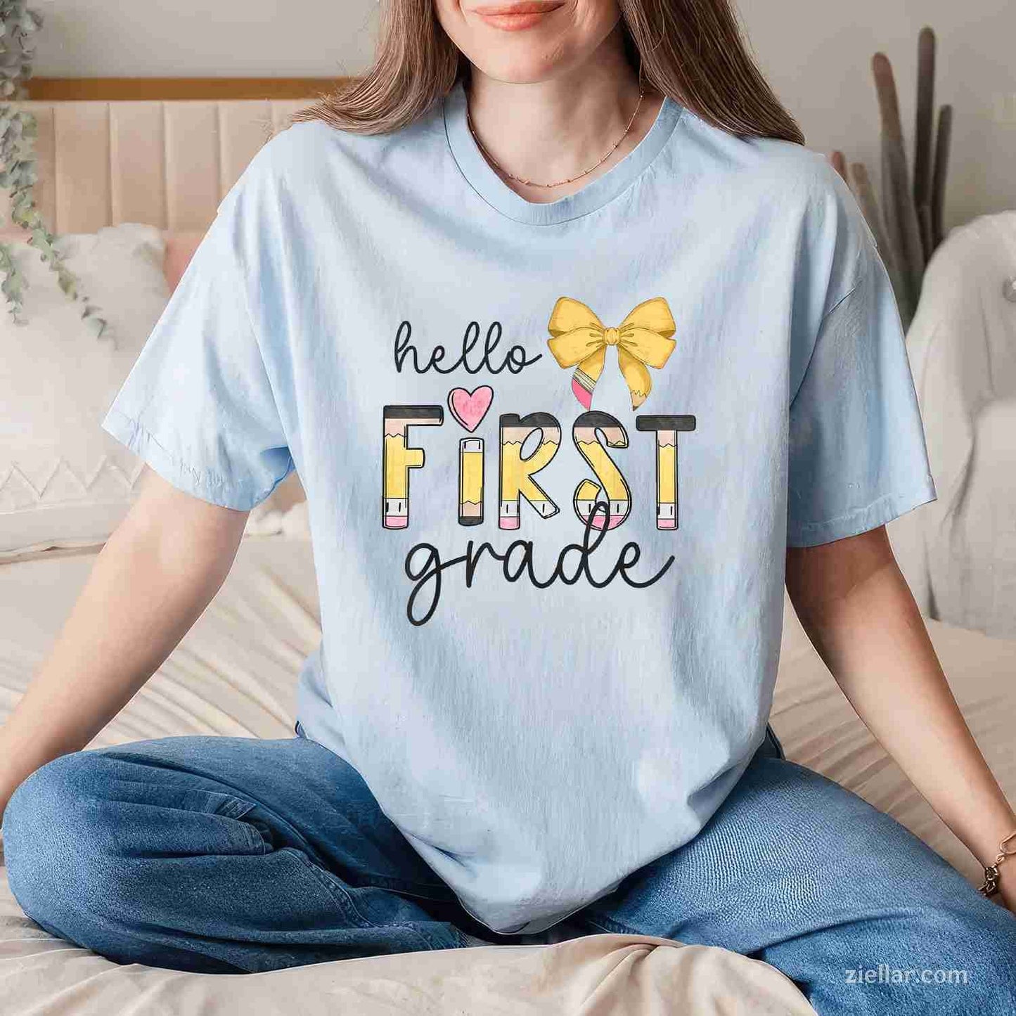 Hello First Grade Teacher Coquette Pencil Bow Back To School T-Shirt Tee for Men Women