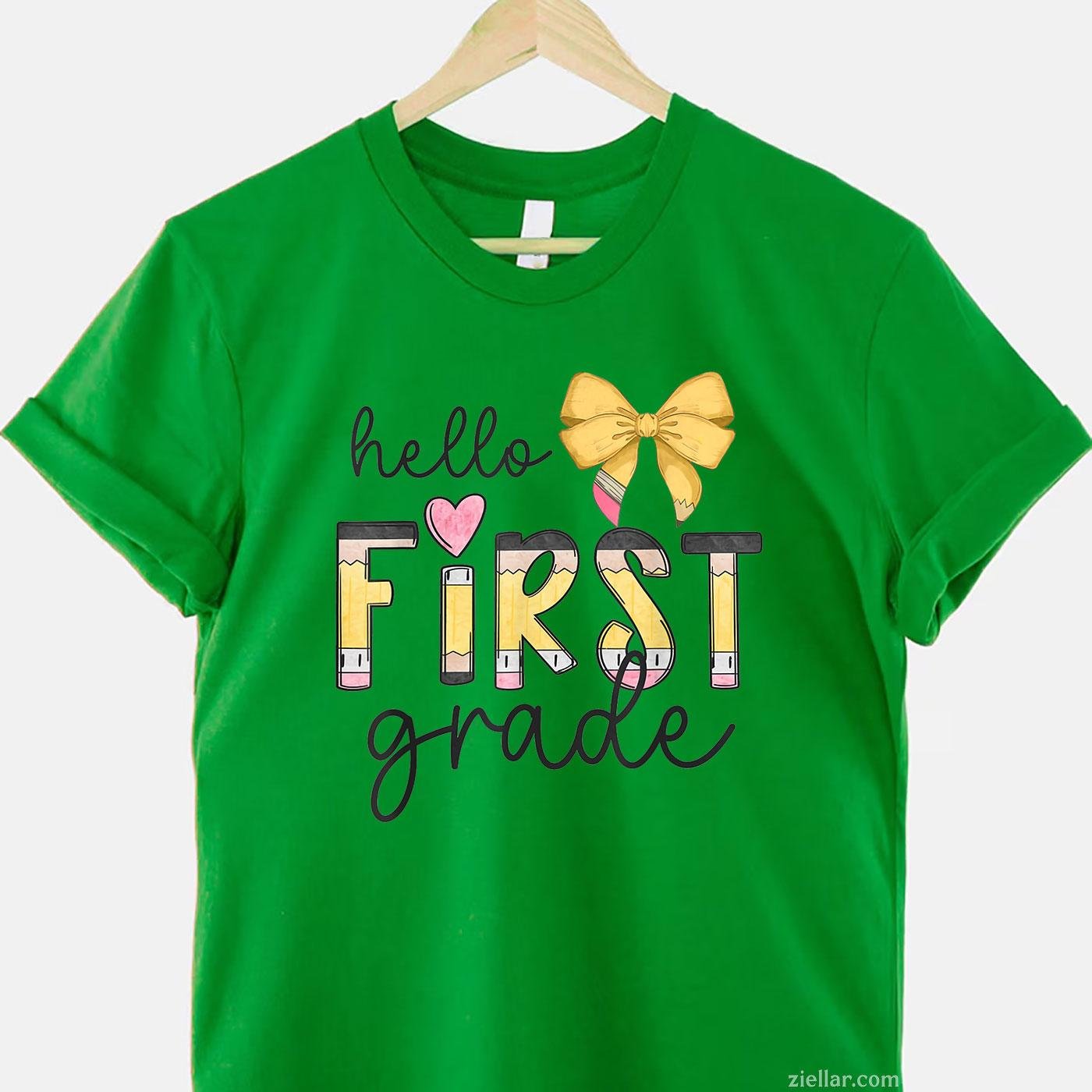 Hello First Grade Teacher Coquette Pencil Bow Back To School T-Shirt Tee for Men Women