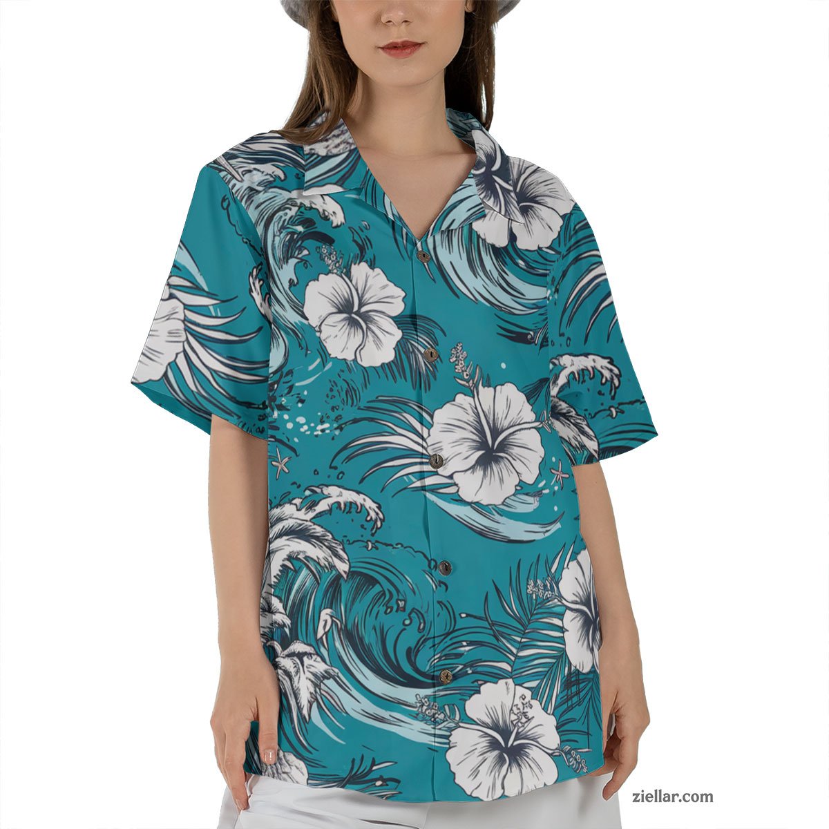 Hibiscus Leaf Print Hawaiian Shirt Tee, Aloha Turquoise Outfit for Men Women