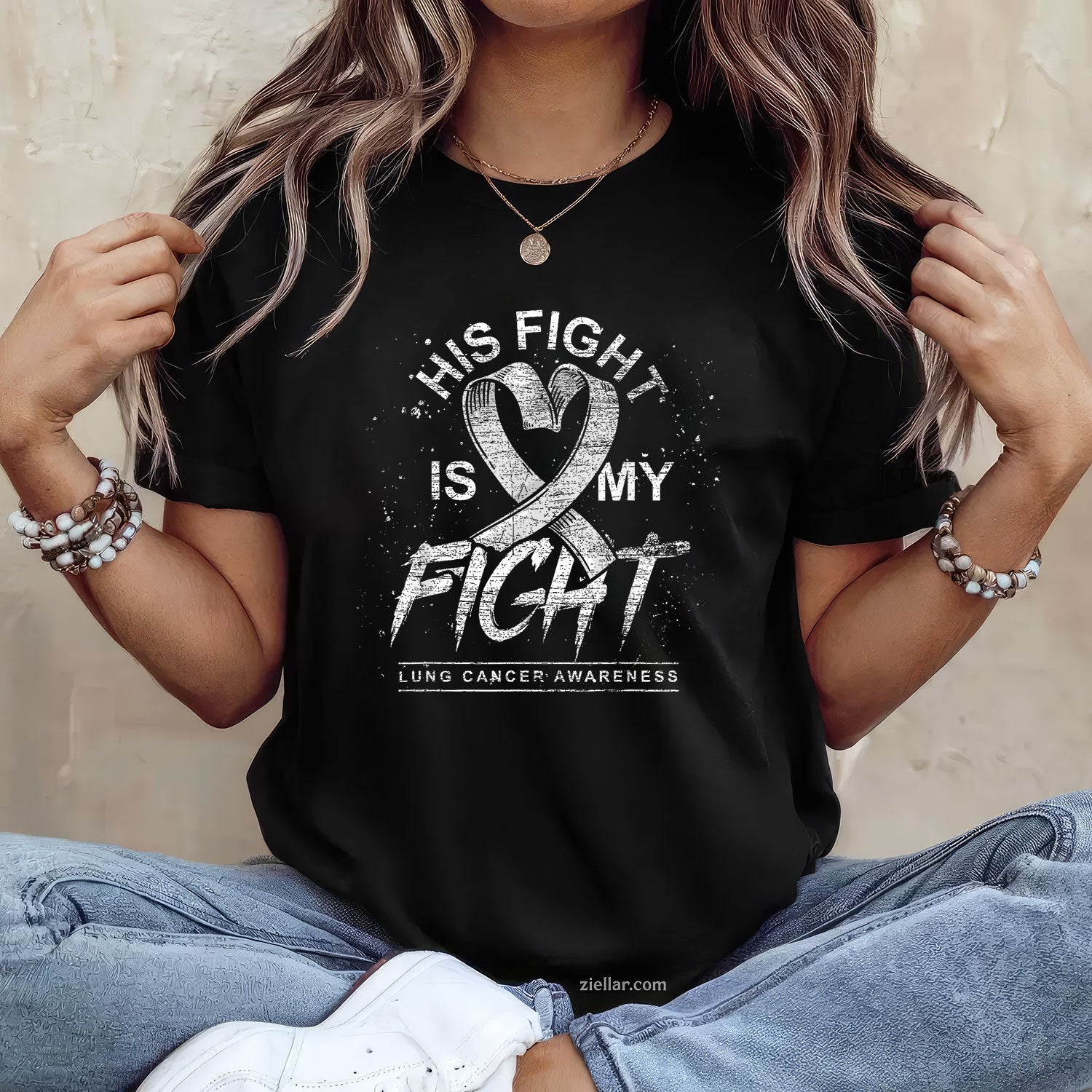 His Fight Is My Fight White Ribbon Lung Cancer Awareness T-Shirt