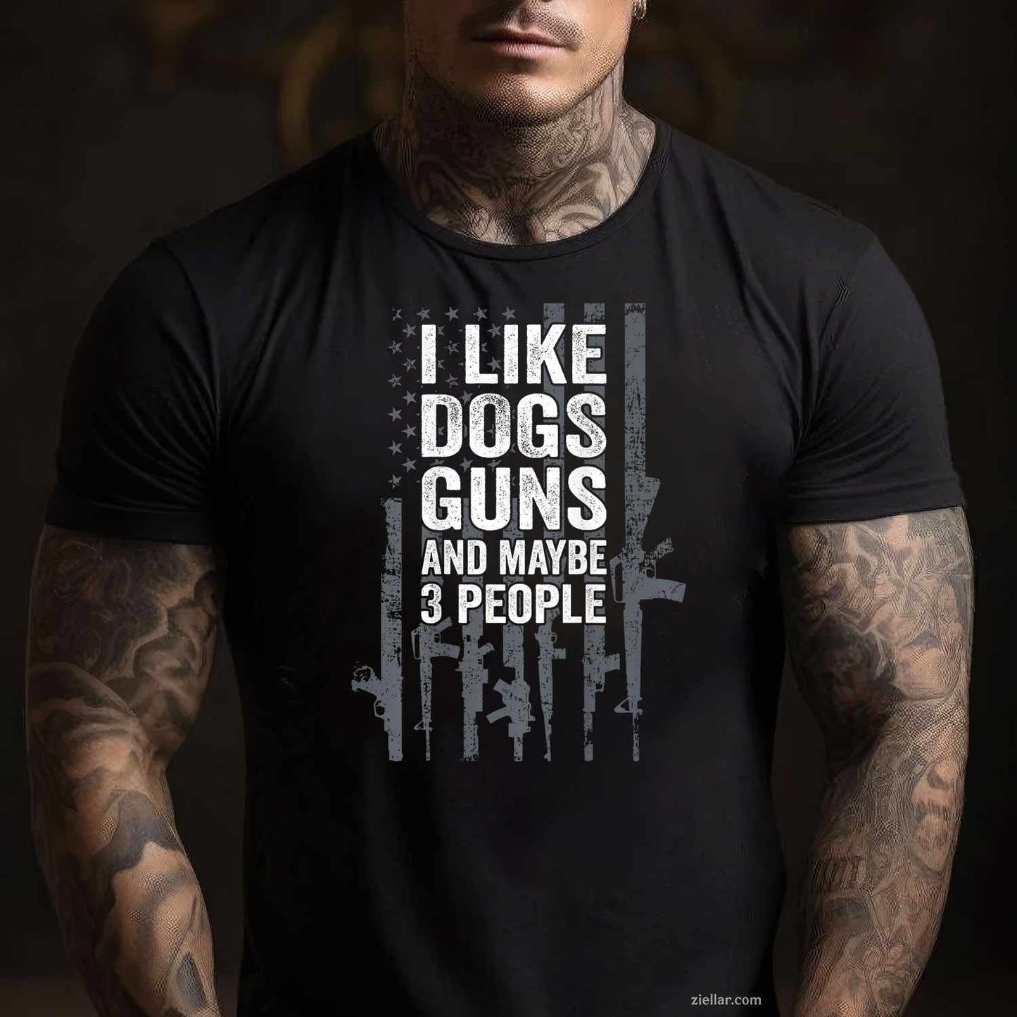 I Like Dogs Guns And Maybe 3 People T-Shirt, Funny Gun Vintage Graphic Tee On Back For Adults