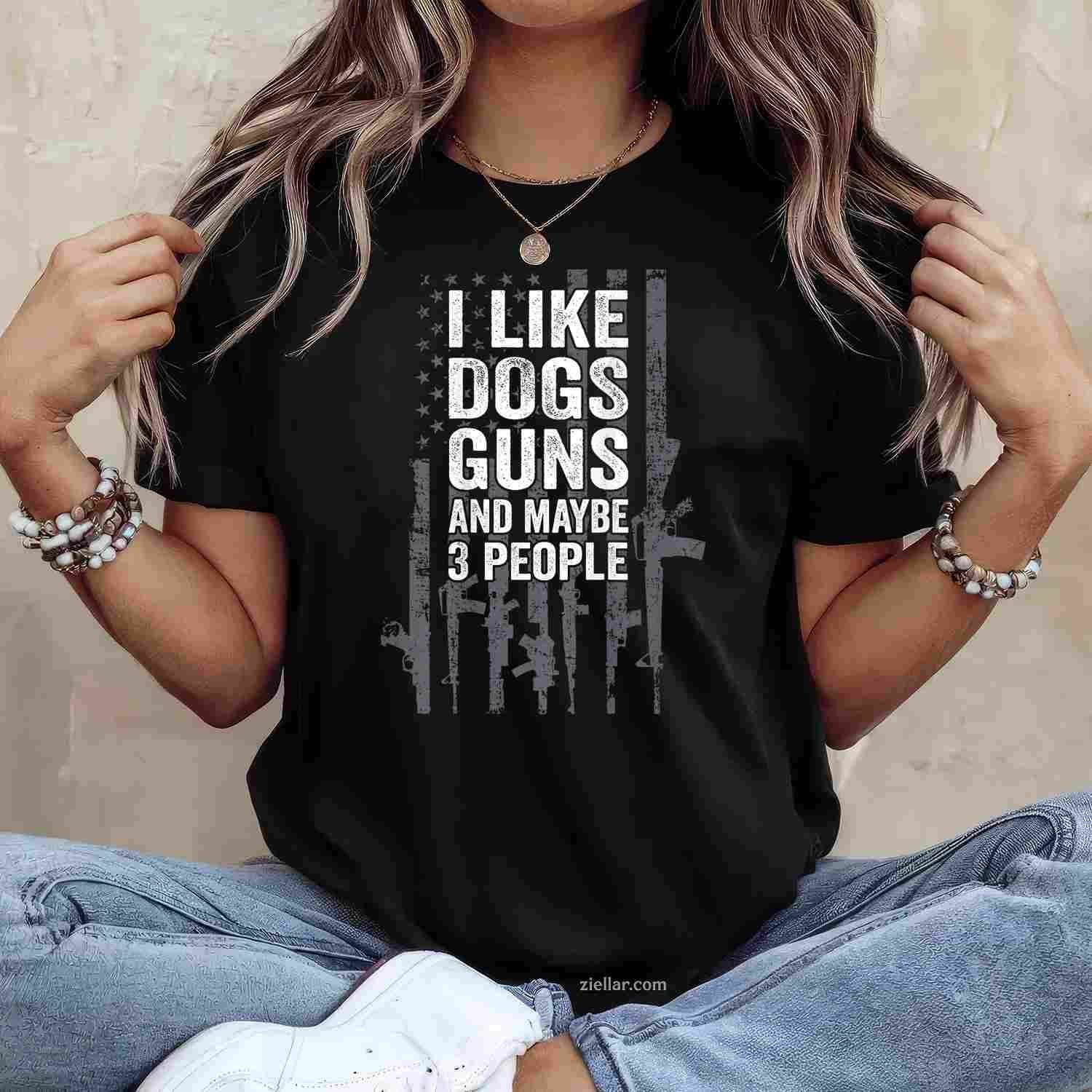 I Like Dogs Guns And Maybe 3 People T-Shirt, Funny Gun Vintage Graphic Tee On Back For Adults