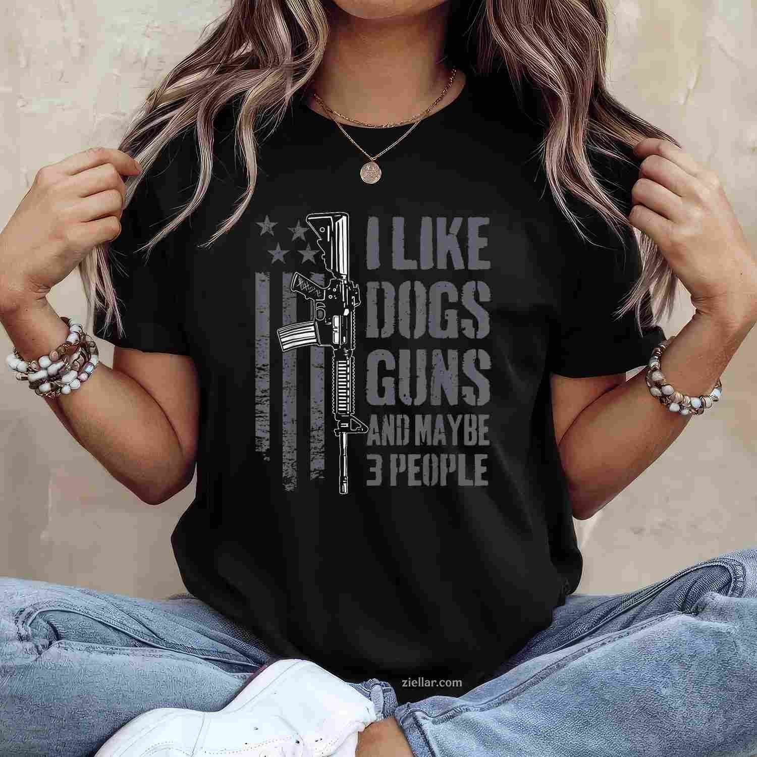 I Like Guns Dogs And Maybe 3 People T-Shirt, Funny Dog Lover Gun Vintage Graphic Tee For Men Women