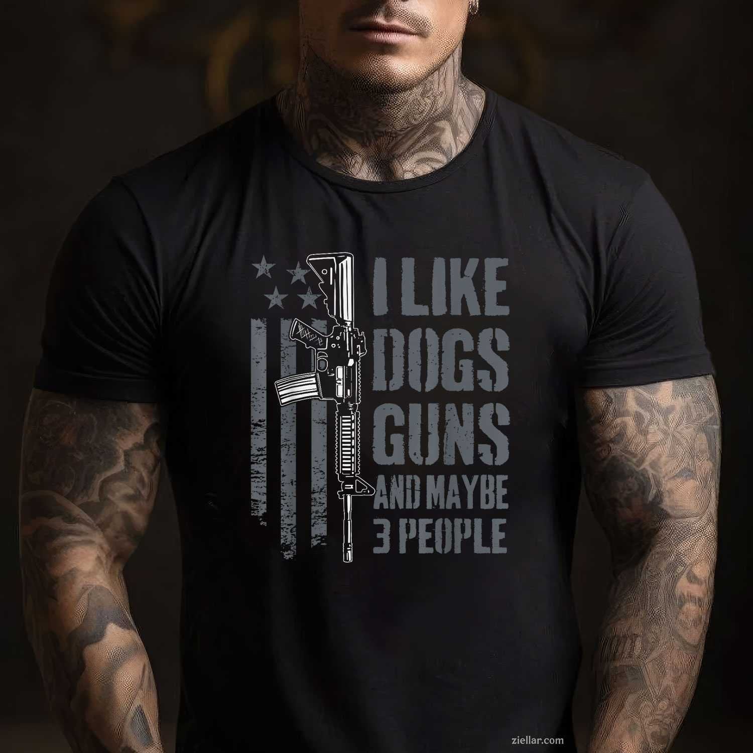 I Like Guns Dogs And Maybe 3 People T-Shirt, Funny Dog Lover Gun Vintage Graphic Tee For Men Women