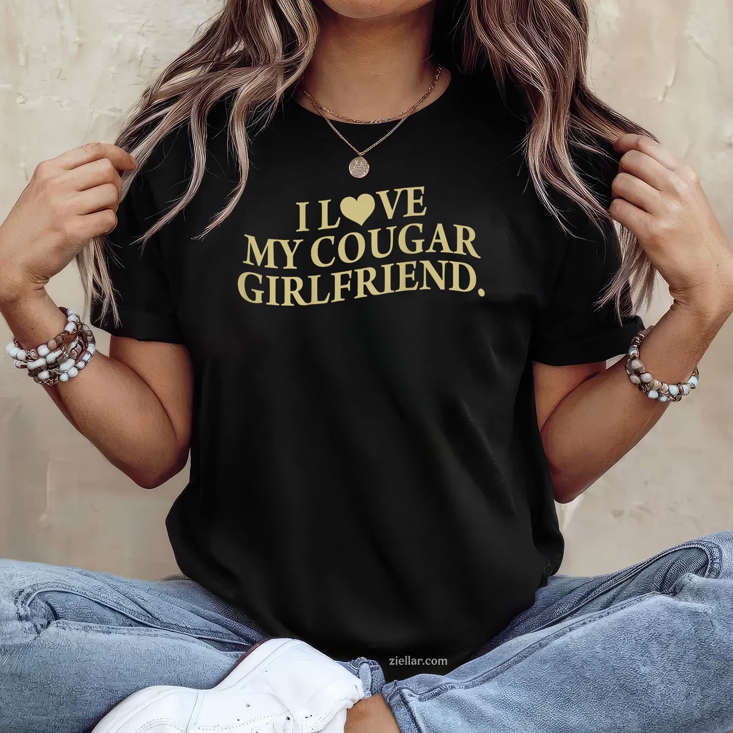 I Love My Cougar Girlfriend Back Print Boyfriend Saying GF Tee and T-Shirt, Funny Relationship Gift T-Shirt for Couples and Adults