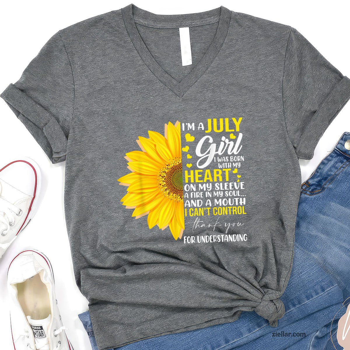 I'm July Girl Sunflower Matching Born On Birthday V-Neck Shirt