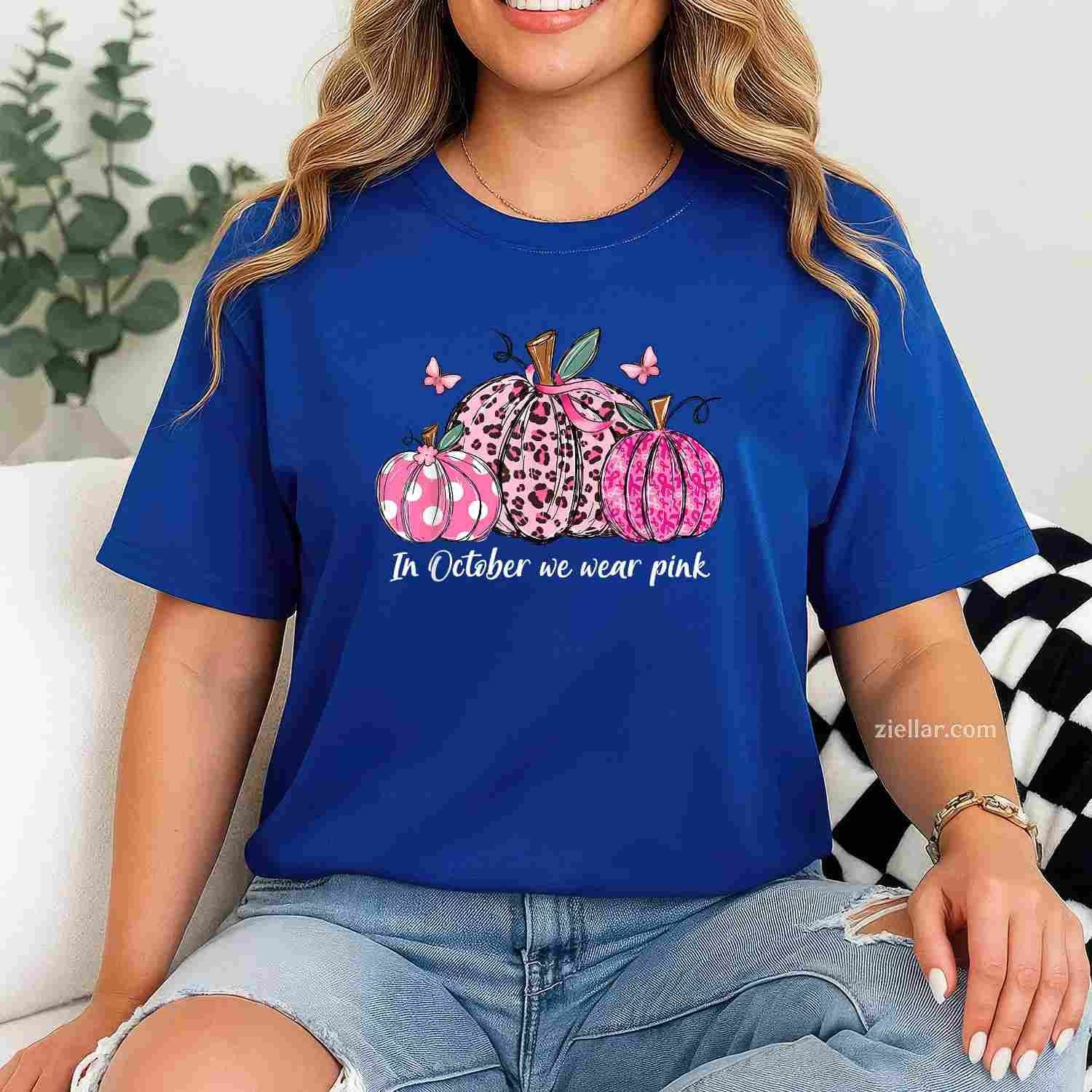 In October We Wear Pink Pumpkins Breast Cancer Awareness Funny Graphic Tee and T-Shirt Gift for Adults Men Women Unisex