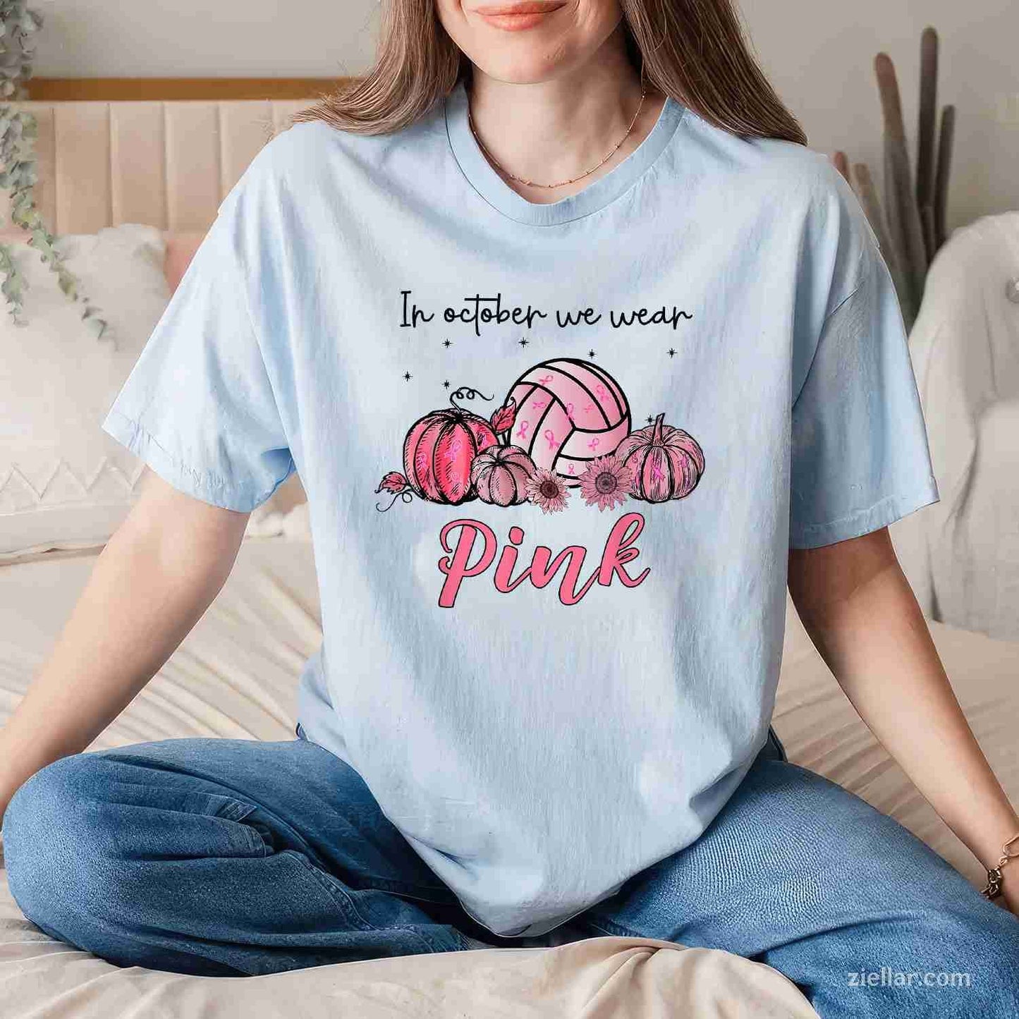 In October We Wear Pink Volleyball Breast Cancer Awareness Funny Graphic Tee and T-Shirt Gift for Adults Men Women Unisex