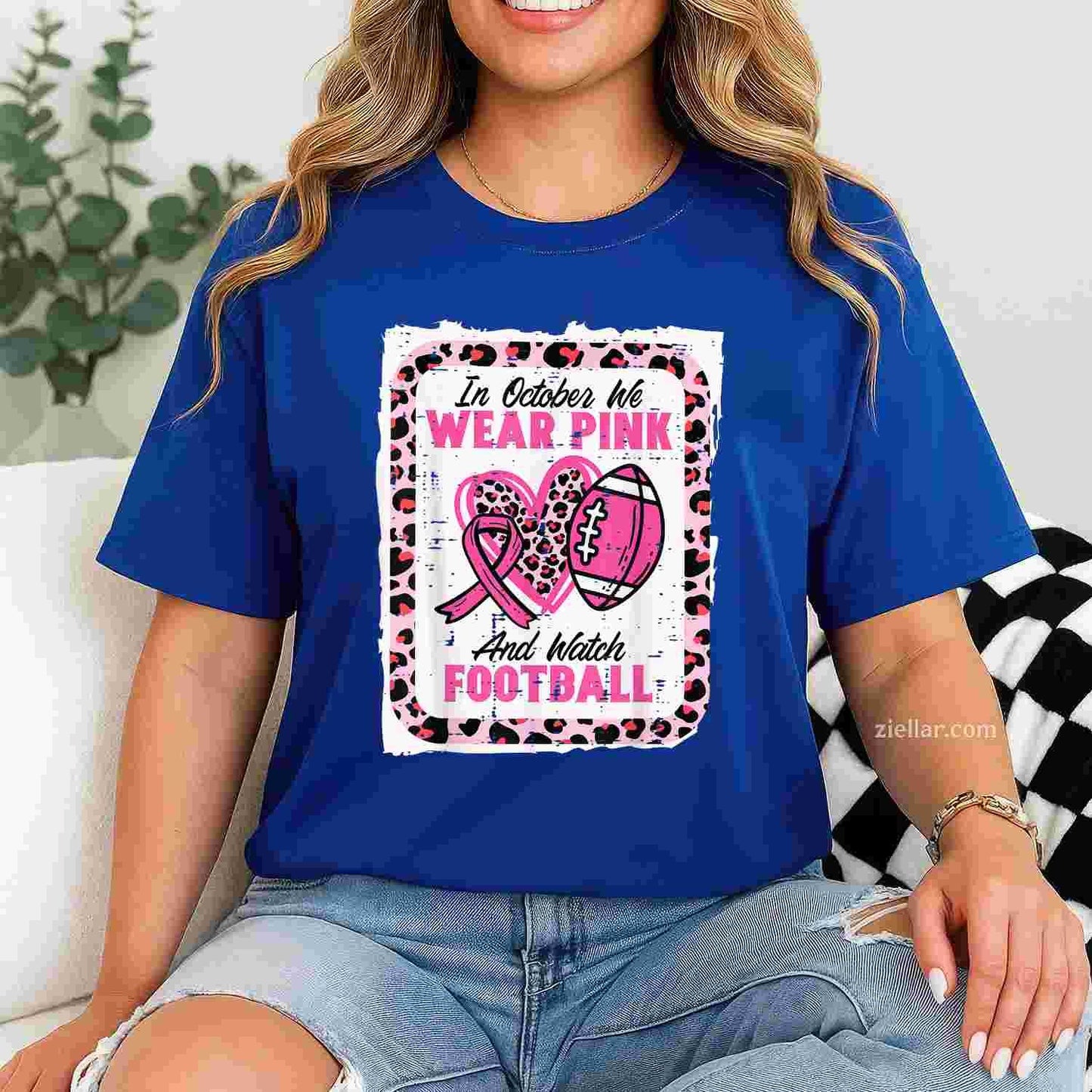 In October We Wear Pink And Watch Football Breast Cancer Funny Graphic Tee and T-Shirt Gift for Adults Men Women Unisex